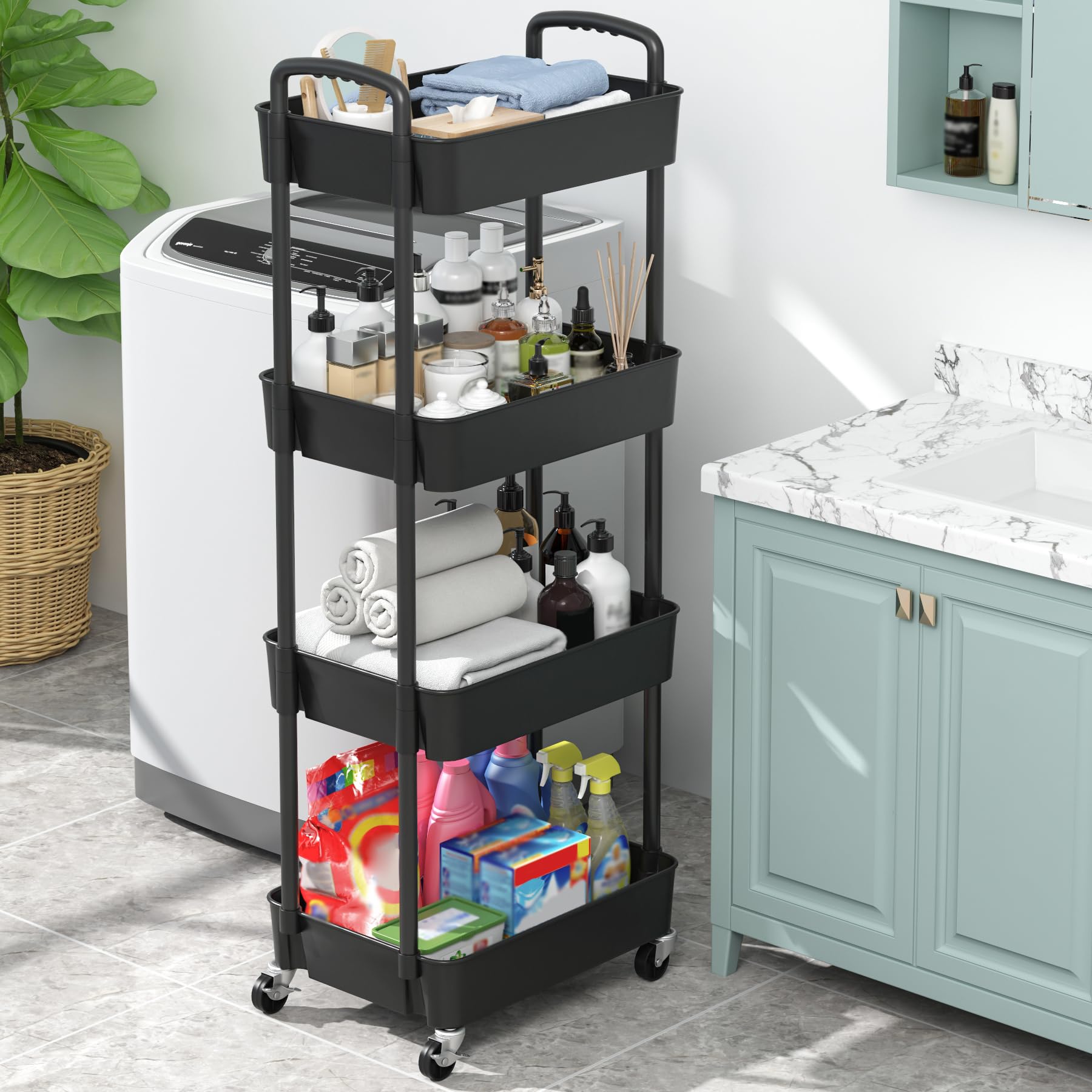 Sywhitta 3-Tier Plastic Rolling Utility Cart with Handle, Multi-Functional Storage Trolley for Office, Living Room, Kitchen, Movable Storage Organizer with Wheels, Black