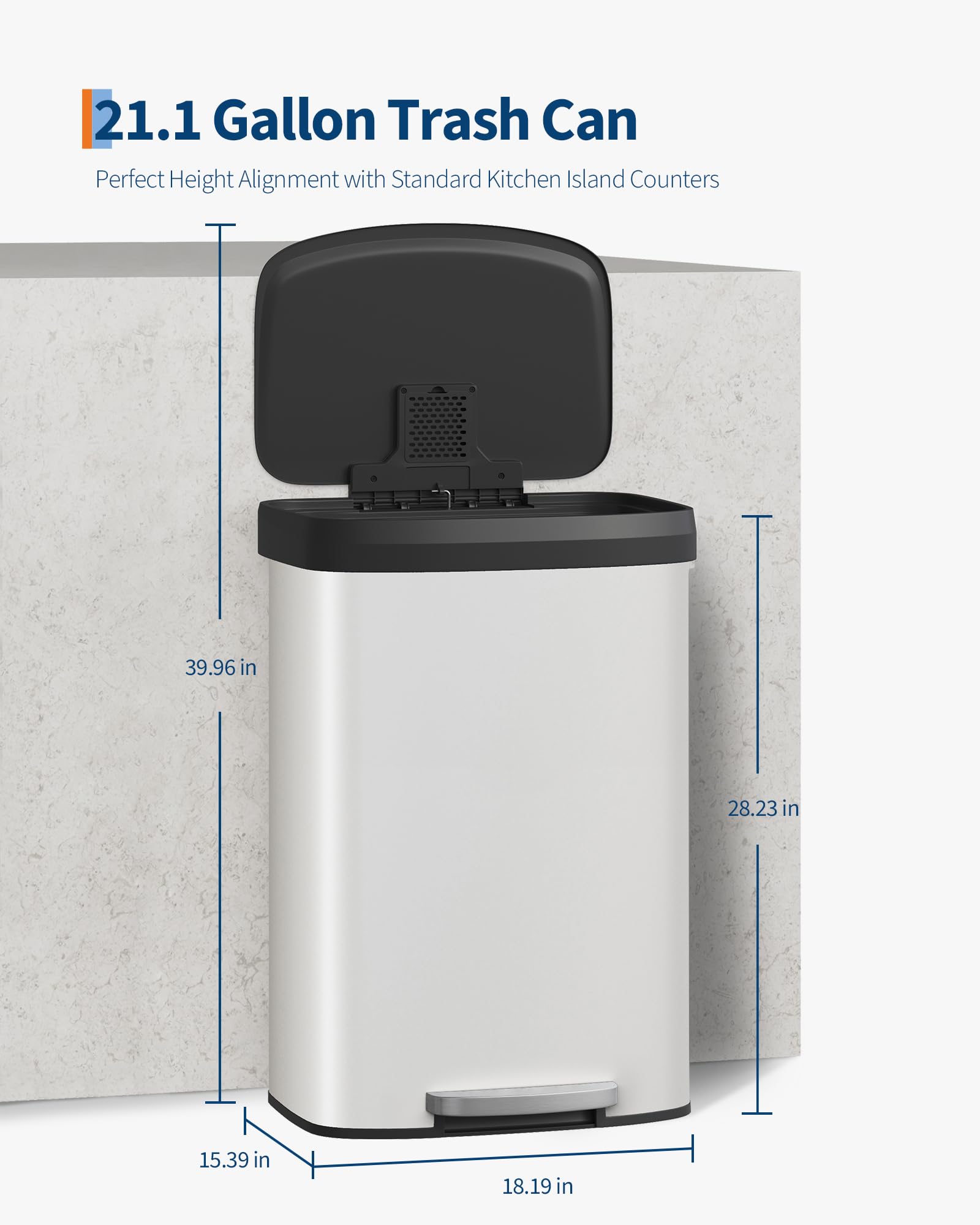 Garvee 13 gal / 50 L Stainless Steel Trash Can with Lid, Large Garbage Can for Kitchen, Rustproof Step-on Kitchen Metal Trash Bin with Liner Rim, Rear Handle, Soft Close Plastic Lid, Silver