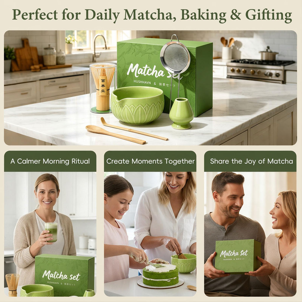 Matcha Whisk Set, Ceramic Matcha Set Includes Bowl & Holder, Bamboo Whisk (Chasen), Scoop, Spoon and Sifter, 6PCS Matcha Kit Covers Everything Needed for Making Matcha (Green)