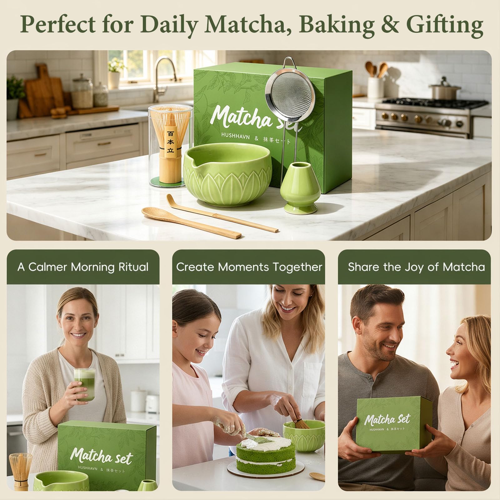 Matcha Whisk Set, Ceramic Matcha Set Includes Bowl & Holder, Bamboo Whisk (Chasen), Scoop, Spoon and Sifter, 6PCS Matcha Kit Covers Everything Needed for Making Matcha (Green)