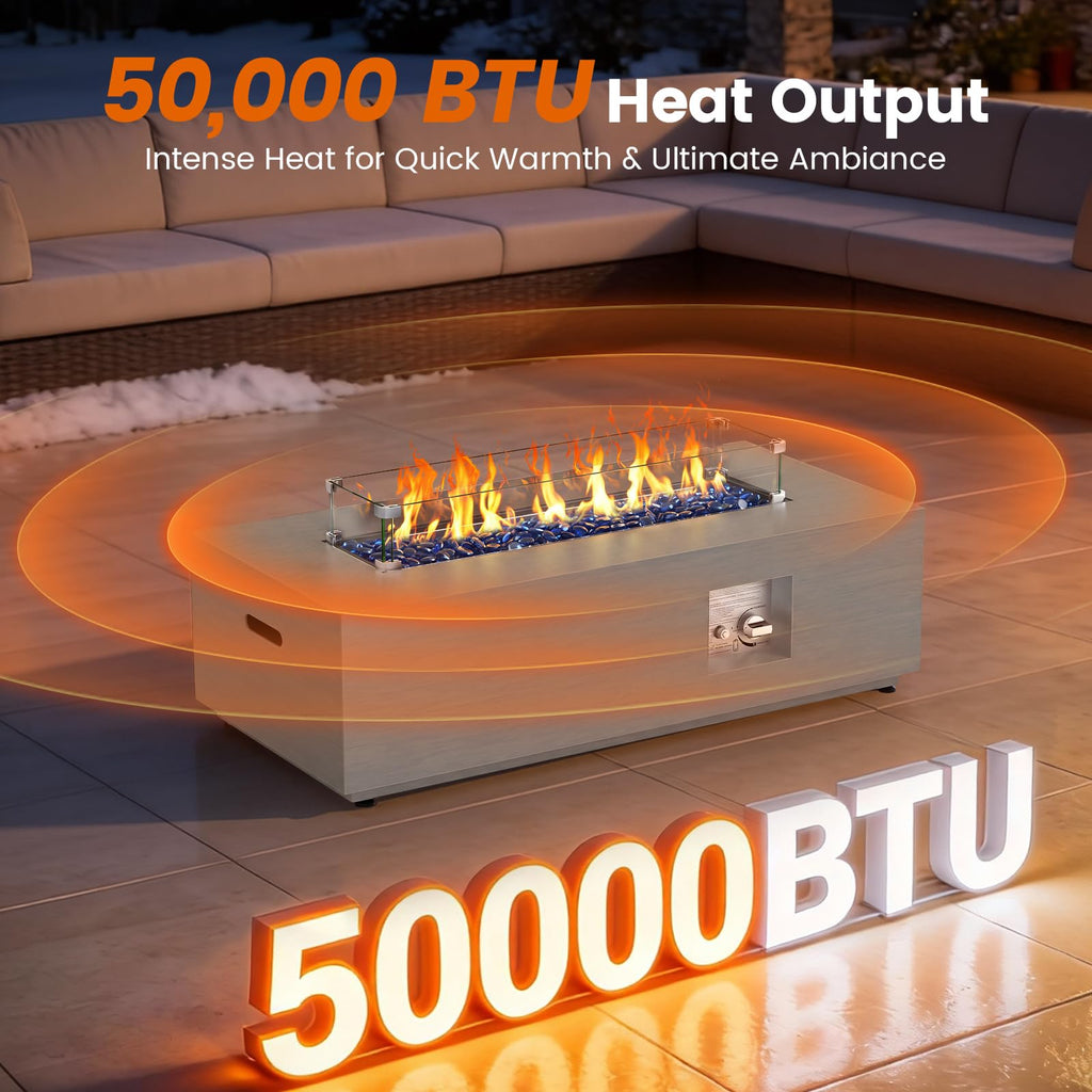 SUNPEAK 42" Modern Fire Pit Table with LED Light 50,000 BTU Deck Fire Pit Table Includes Wind Guard, Lid, Rocks & Cover - Propane Gas Patio Fireplace, Chimenea para Patio (Grey/Golden Light, 42" LED)