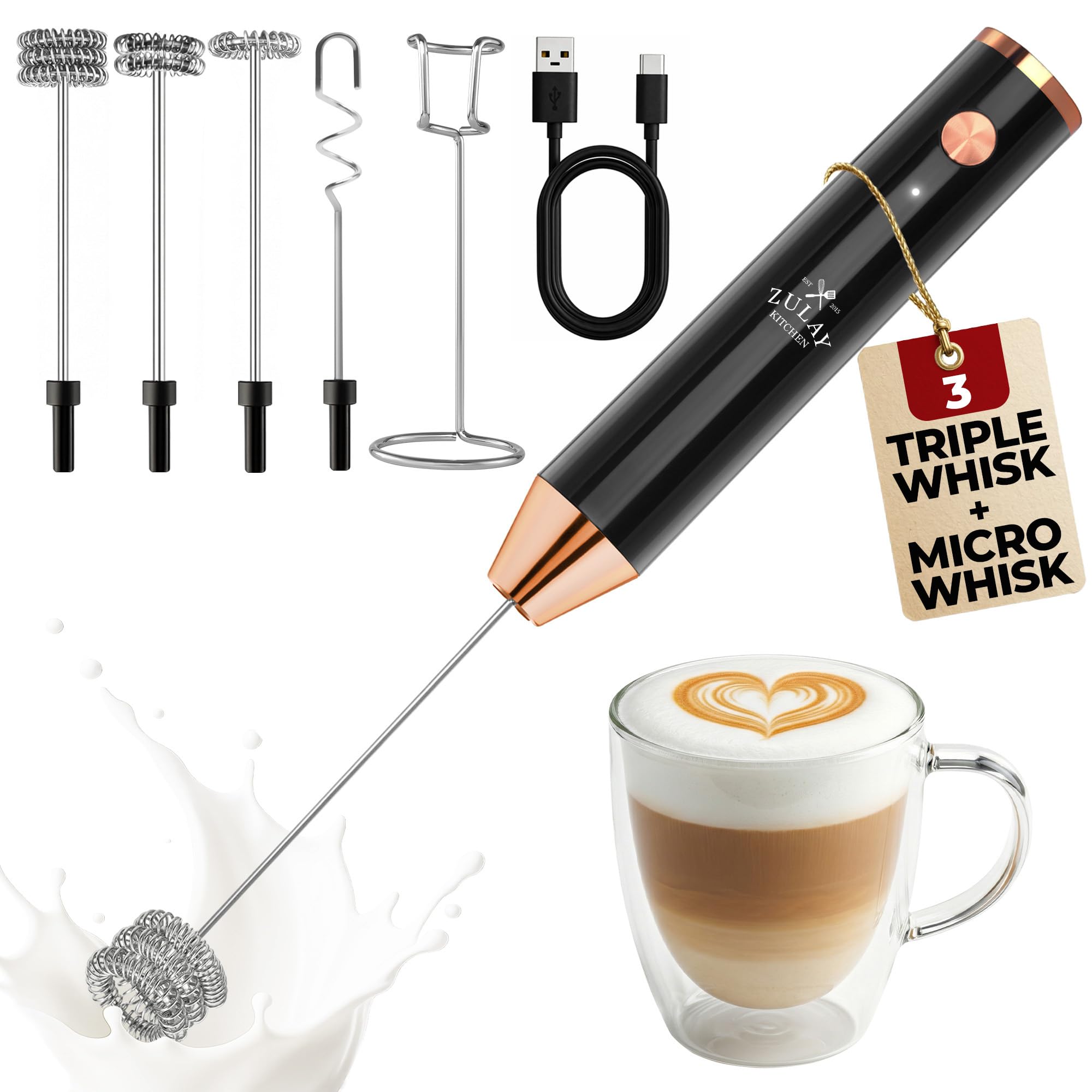 Zulay Kitchen Powerful Milk Frother Wand With Duracell Batteries - Ultra Fast Handheld Drink Mixer - Electric Whisk Foam Maker for Coffee, Lattes, Cappuccino & Matcha - Z1 Motor - Black