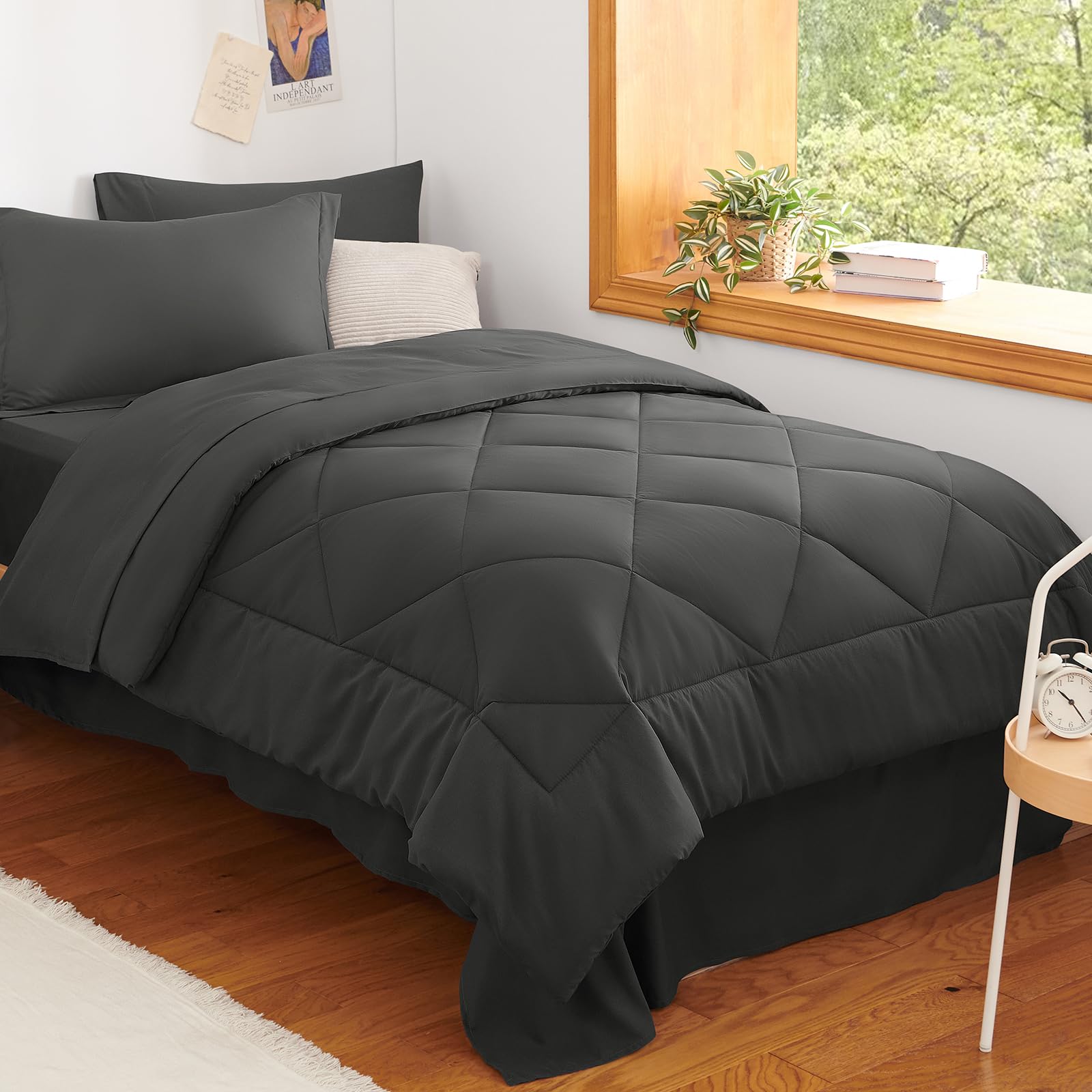 CozyLux Twin XL Comforter Set Black - 5 Pieces Twin Extra Long Bed in a Bag for College Dorm, All Season Bedding Set for Girls and Boys, Soft Bed Set with Comforter, Sheets, Pillowcase & Sham