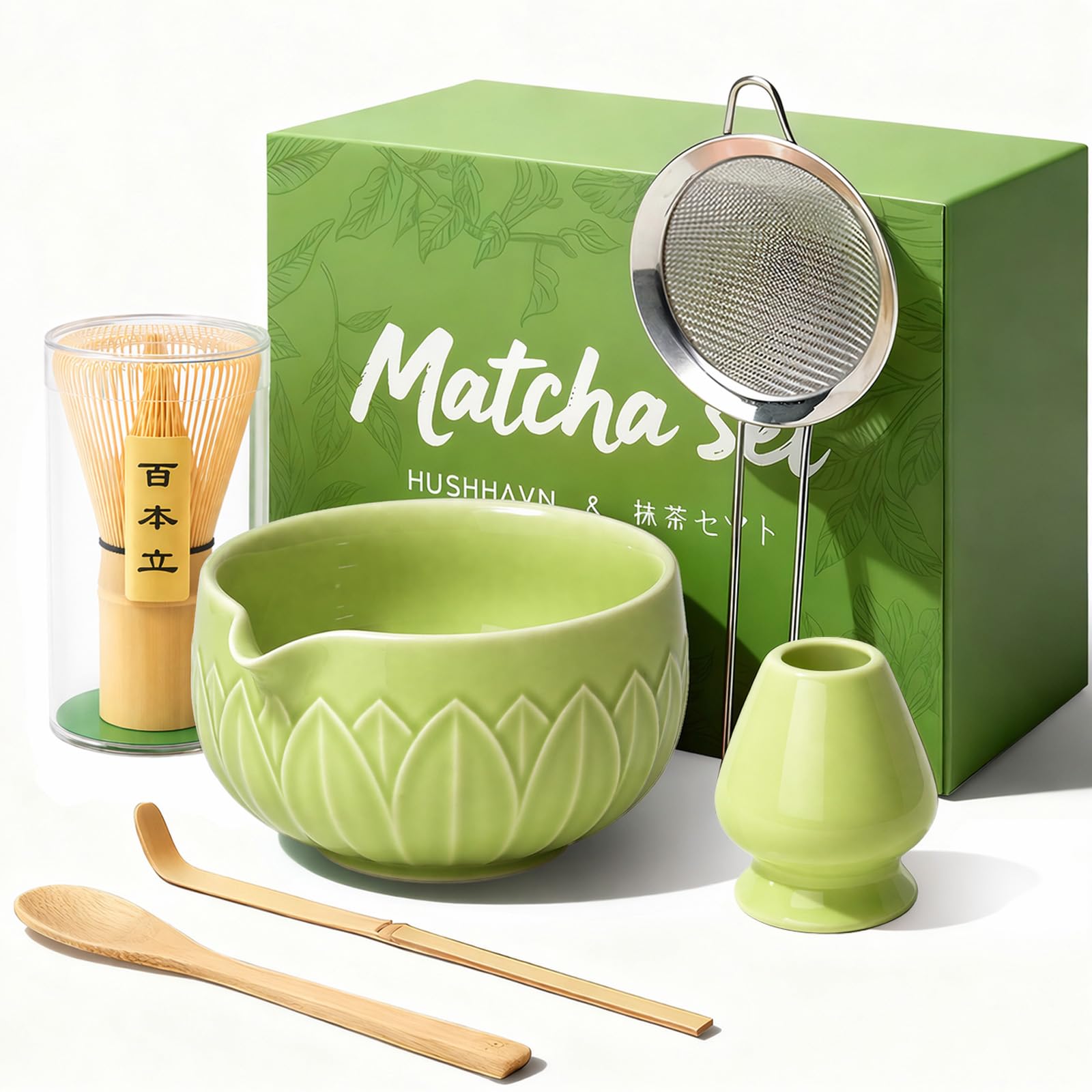 Matcha Whisk Set, Ceramic Matcha Set Includes Bowl & Holder, Bamboo Whisk (Chasen), Scoop, Spoon and Sifter, 6PCS Matcha Kit Covers Everything Needed for Making Matcha (Green)