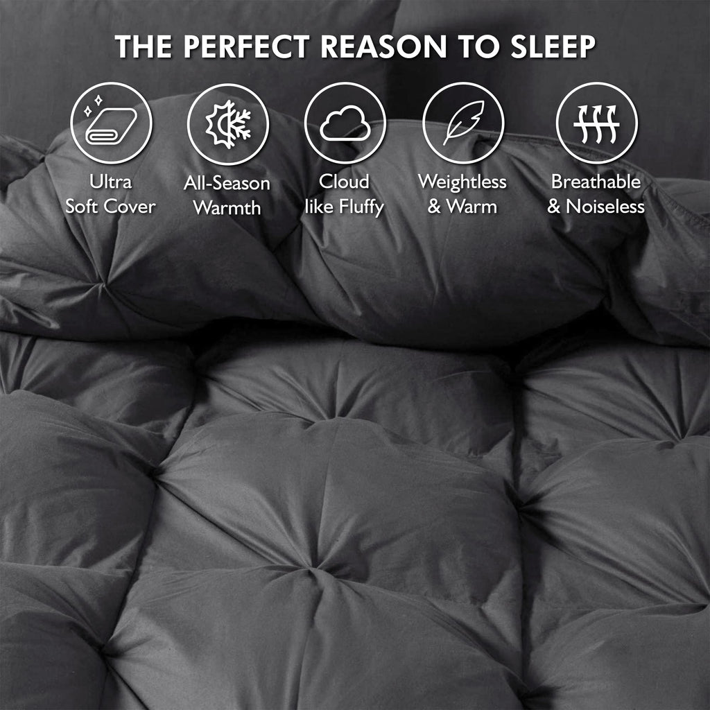 Luxurious All-Season Goose Down Feather Fiber Comforter California King Size Duvet Insert, Exquisite Pinch Pleat Design, Premium Baffle Box, 100% Egyptian Cotton Cover, 80 oz. Fill Weight, Black