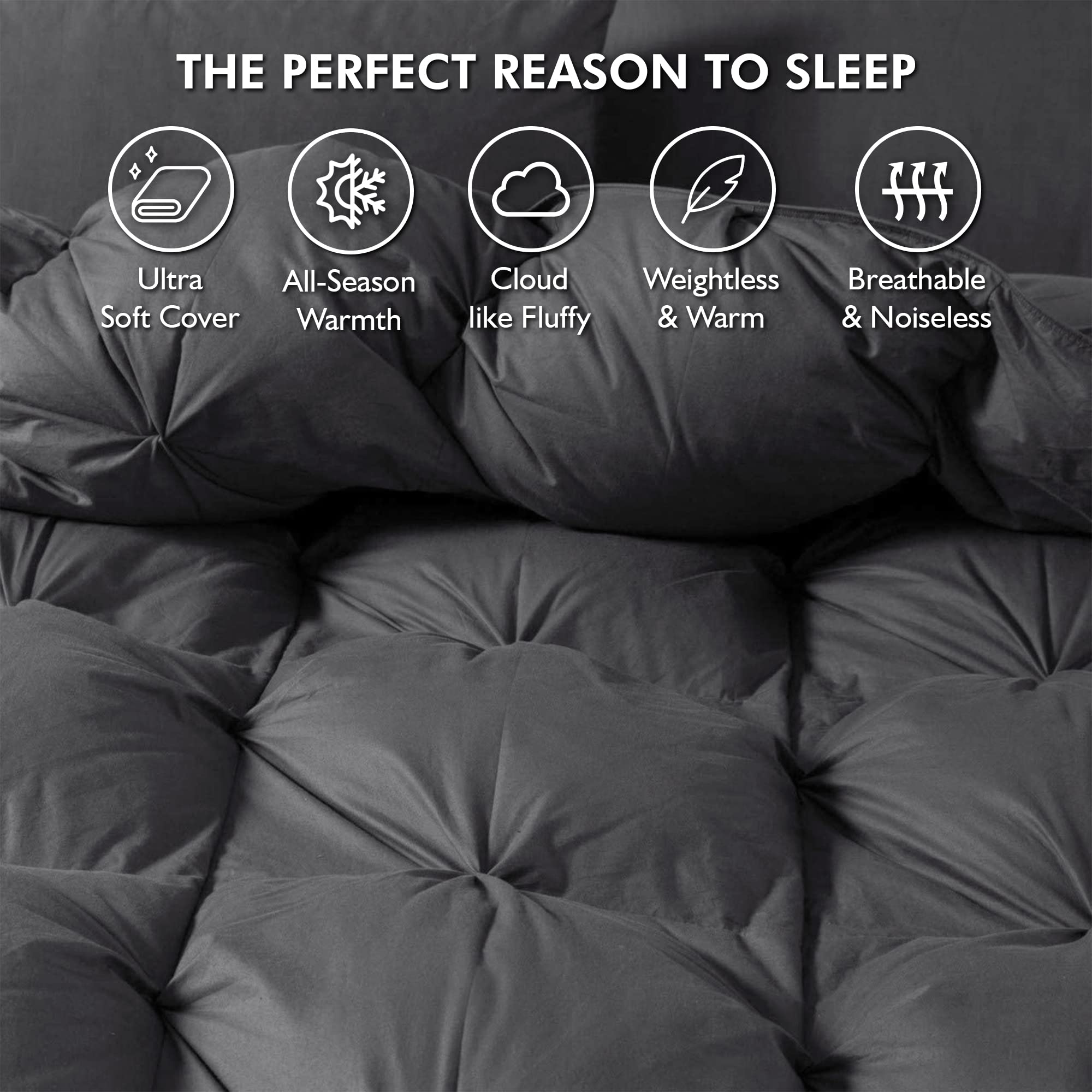 Luxurious All-Season Goose Down Feather Fiber Comforter California King Size Duvet Insert, Exquisite Pinch Pleat Design, Premium Baffle Box, 100% Egyptian Cotton Cover, 80 oz. Fill Weight, Black