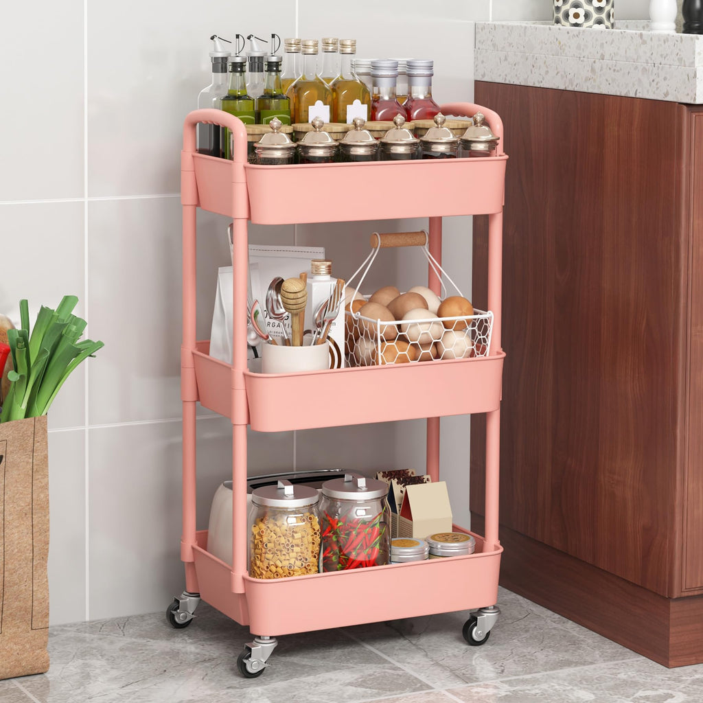 Sywhitta 3-Tier Plastic Rolling Utility Cart with Handle, Multi-Functional Storage Trolley for Office, Living Room, Kitchen, Movable Storage Organizer with Wheels, Black