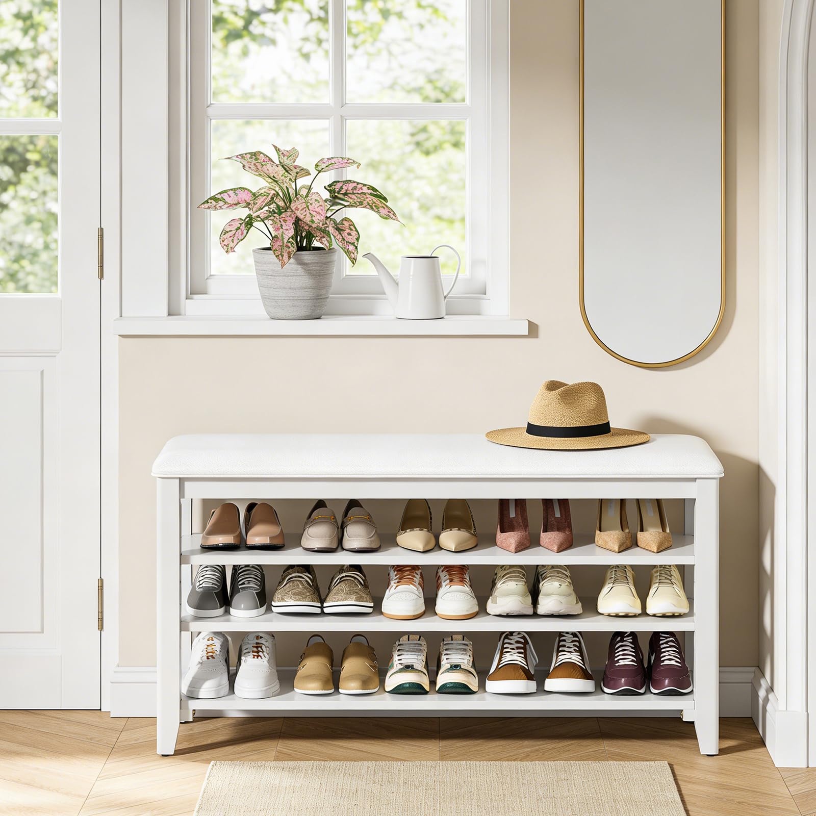 Taitiy Shoe Bench Storage Rubberwood with Leather Cushion for Entryway Bench Ideal for Hallways Shoe Rack Front Doors Entrances Mudrooms Featuring 3 Height-Adjustable and Removable Shelves