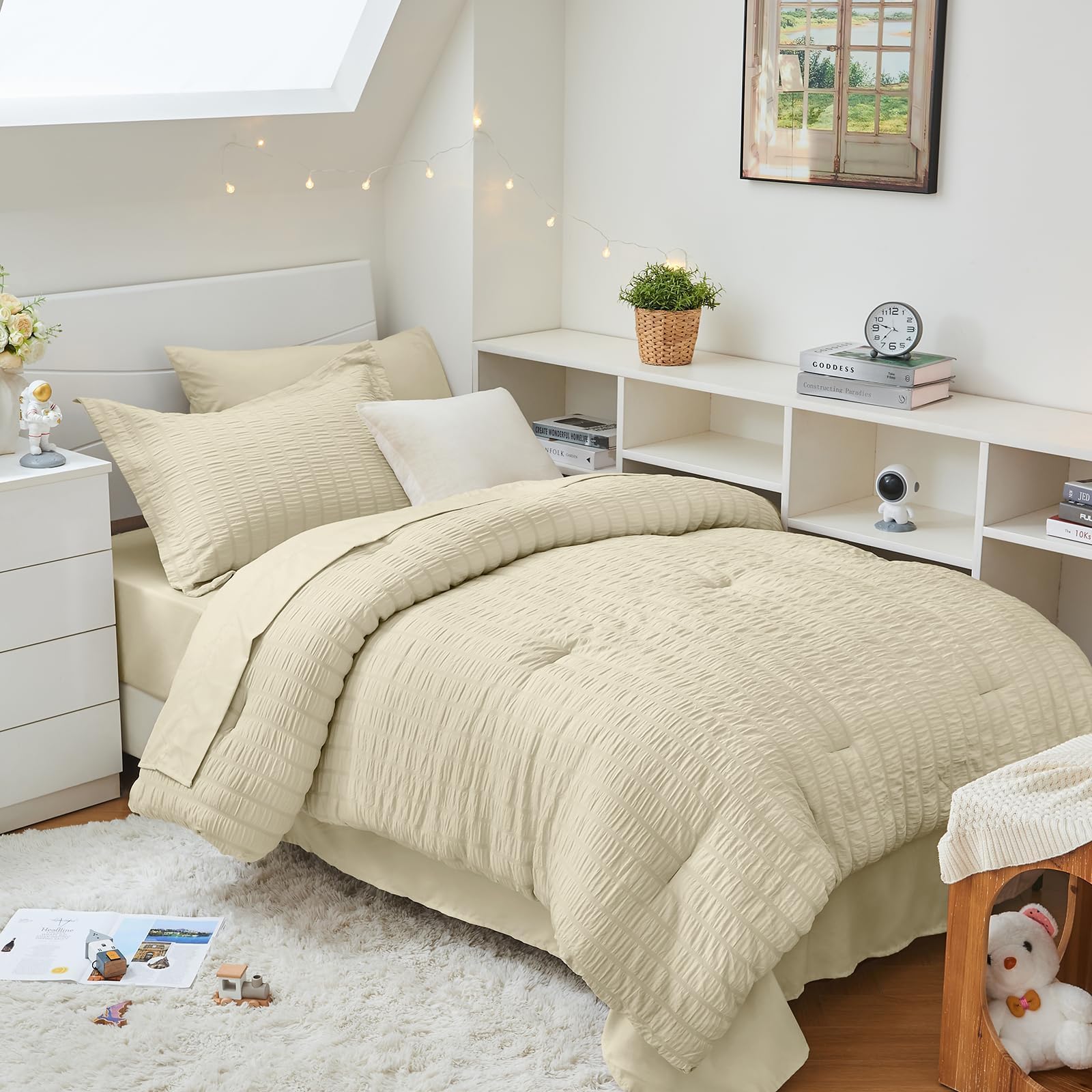HYMOKEGE Twin XL Comforter Set Seersucker 5 Pieces, All Season Luxury Bed in a Bag for Bedroom, Bedding Set with Comforter, Sheet, Pillowcase & Sham, Dark Grey