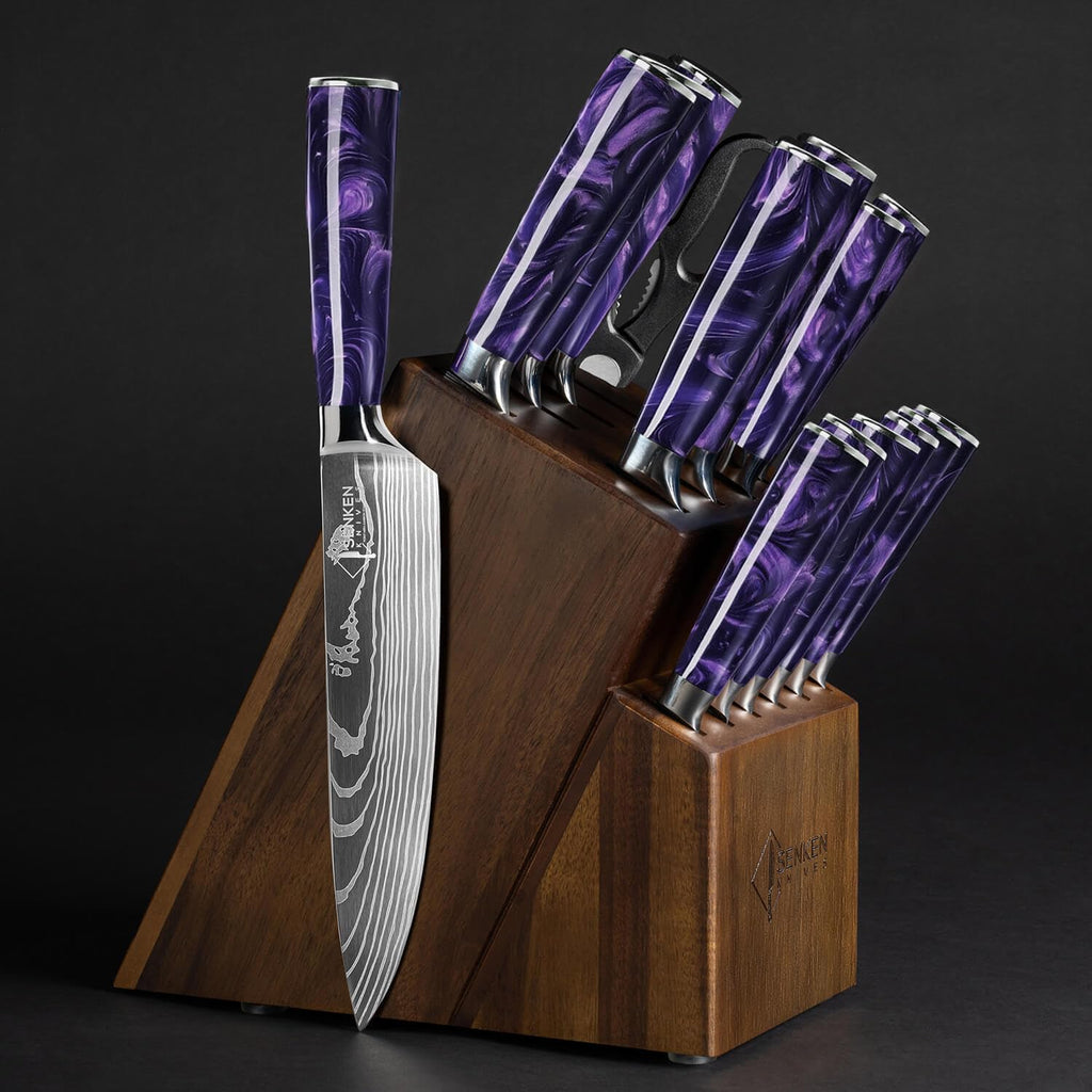 SENKEN 16-Piece Knife Block Set - Japanese High Carbon Stainless Steel with Damascus Pattern, Dark Wood Handles, 6 Steak Knives & Acacia Hardwood Block (Brown)