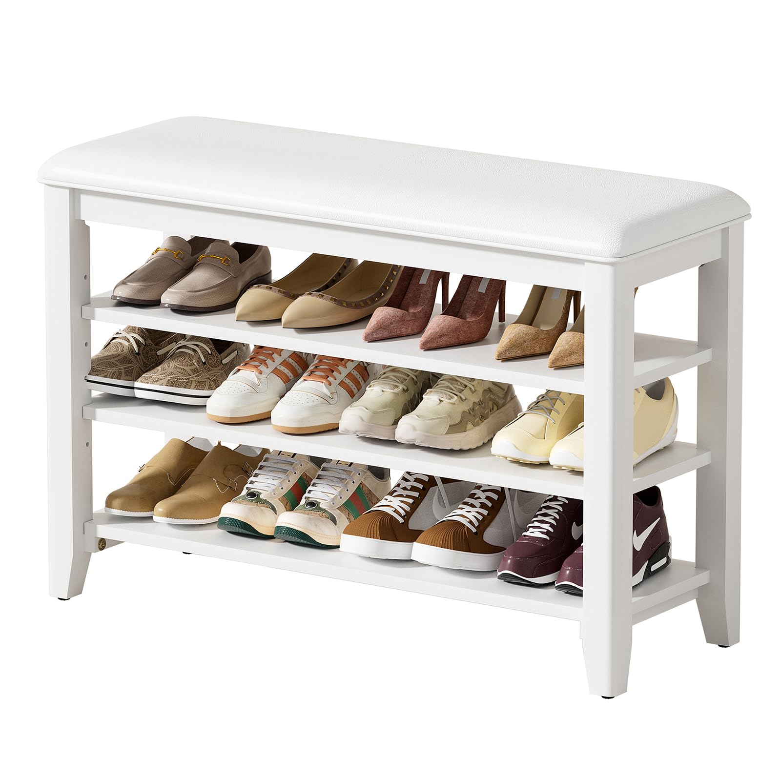 Taitiy Shoe Bench Storage Rubberwood with Leather Cushion for Entryway Bench Ideal for Hallways Shoe Rack Front Doors Entrances Mudrooms Featuring 3 Height-Adjustable and Removable Shelves