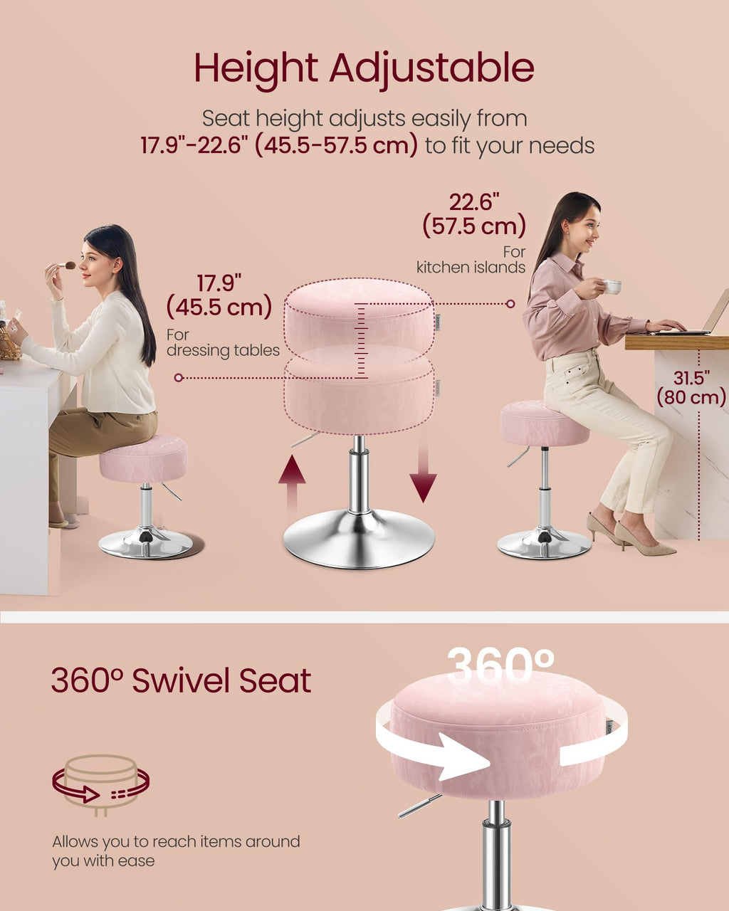 VASAGLE Adjustable Bar Stool, 360° Swivel, PU Leather, Thick Cushion, for Kitchen, Dining Room Bedroom, Modern, Cream White | LJB120W01 Dressing Chair Stool Stool Bedroom Kitchen Dining Room Modern White