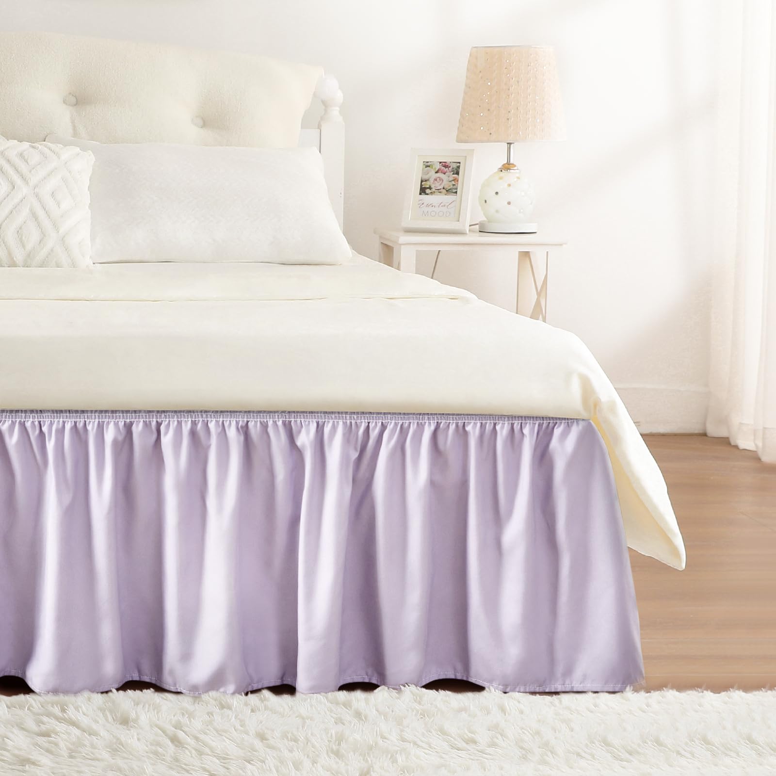 RIMELA Dorm Bed Skirt Twin XL 32 Inch Drop, Easy to Install Extra Long Wrap Around Elastic Dust Ruffle, White Bedskirt Solid Silky Fabric Machine Washable, Bedroom Decor