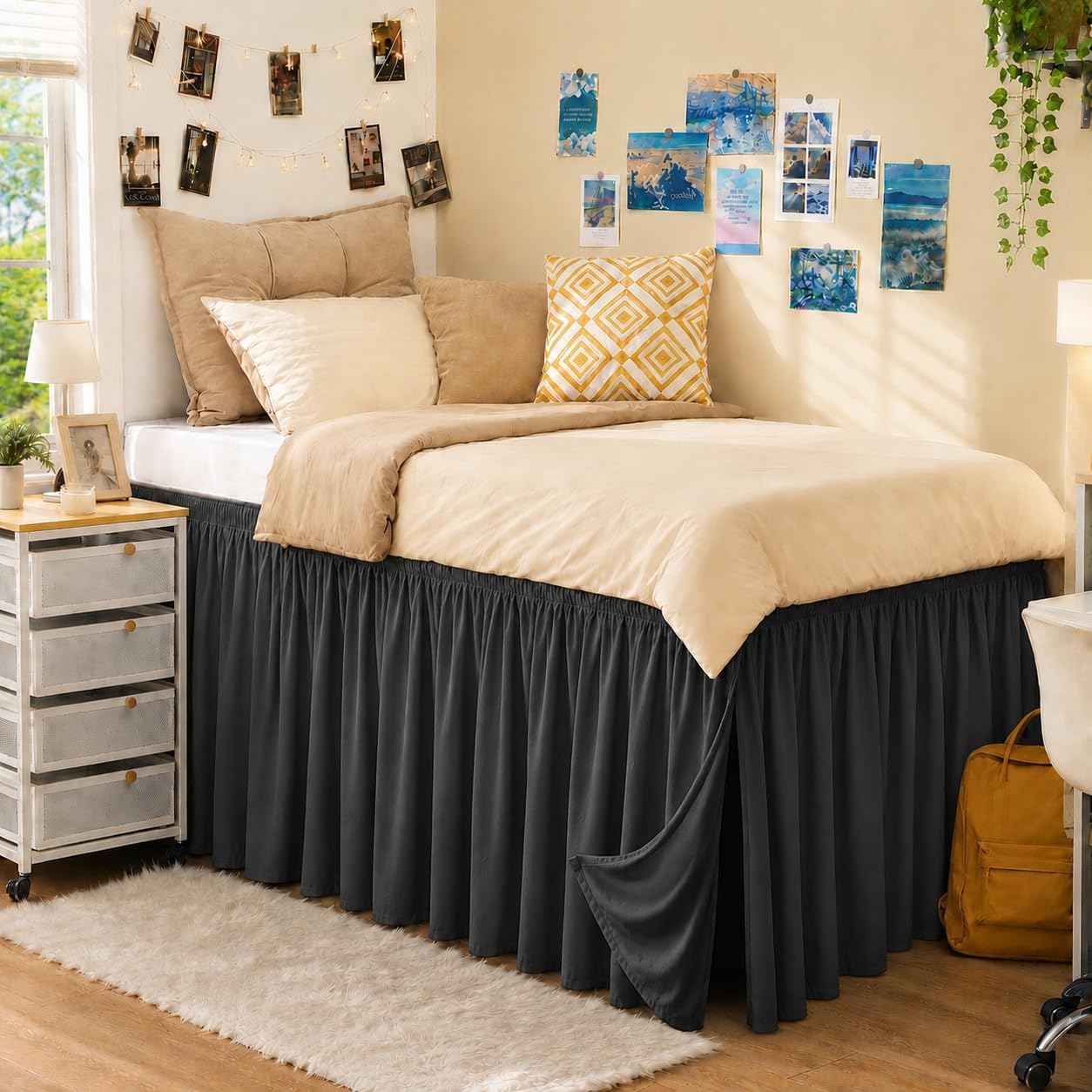 RIMELA Dorm Bed Skirt Twin XL 32 Inch Drop, Easy to Install Extra Long Wrap Around Elastic Dust Ruffle, White Bedskirt Solid Silky Fabric Machine Washable, Bedroom Decor