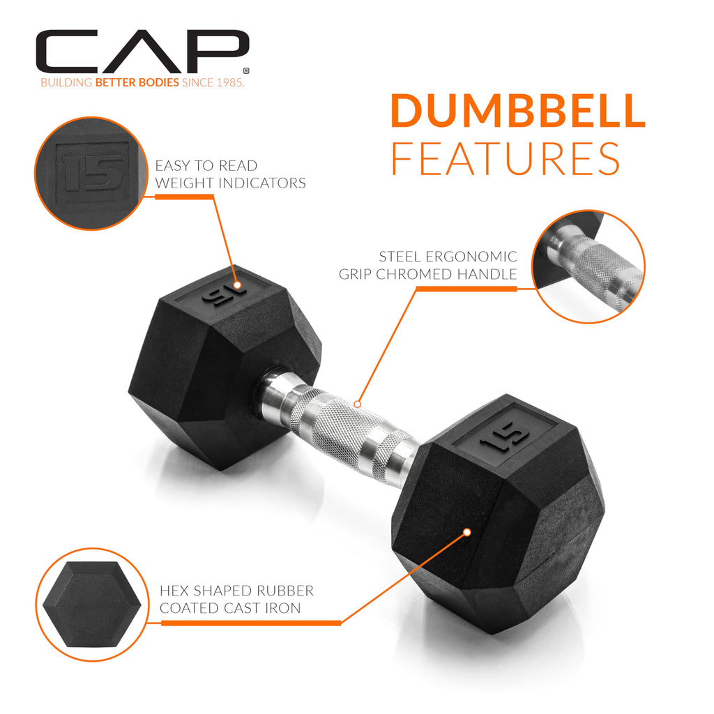 CAP Rubber Coated Hex Dumbbell Set with Storage Rack | 100–210 lb Options, Space-Saving Vertical Compact Storage for Home Gym Strength Training