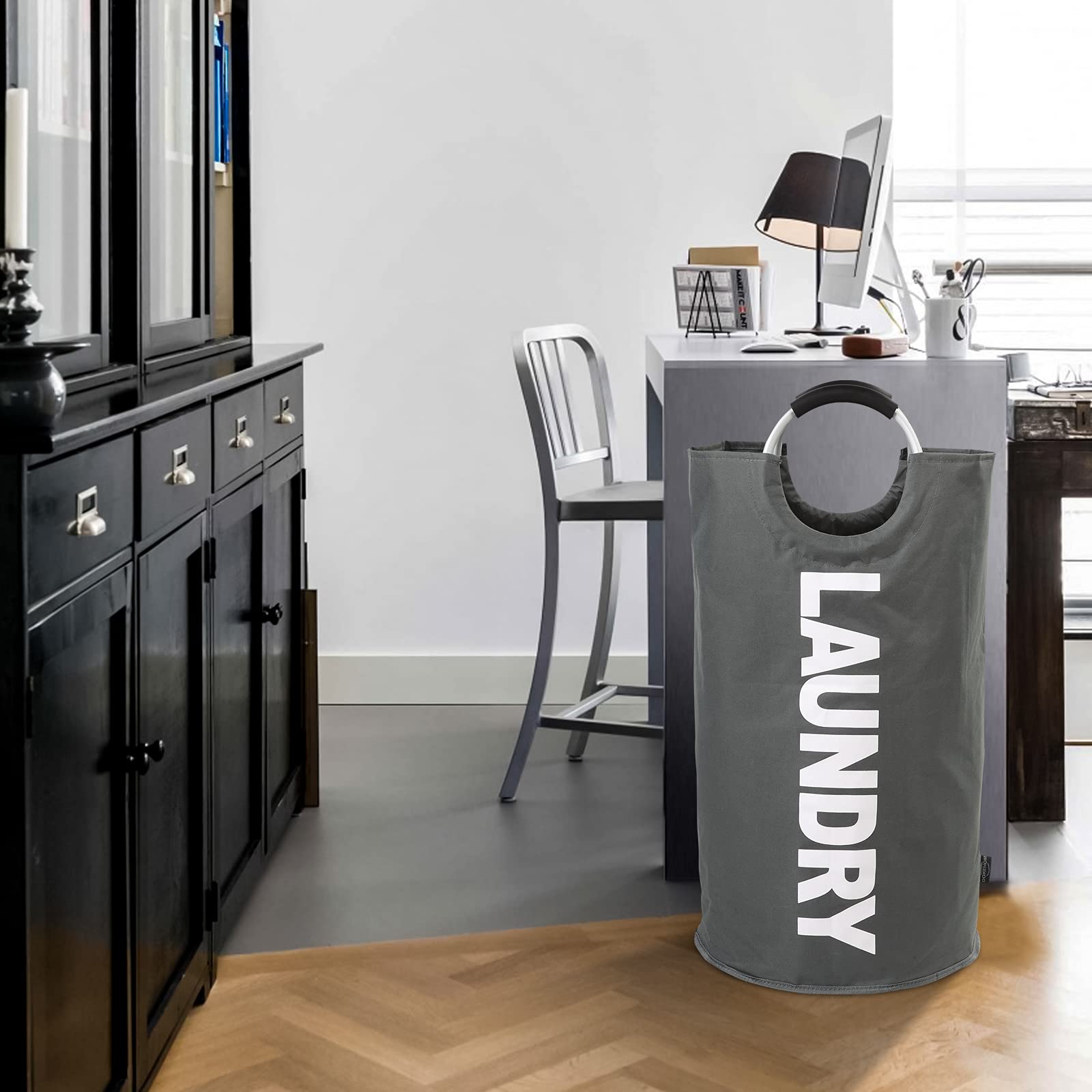 DOKEHOM 90L Large Laundry Basket, Collapsible Laundry Bag, Black | Freestanding tall clothes hamper & foldable washing bin. High-capacity clothes storage basket with durable sturdy handles