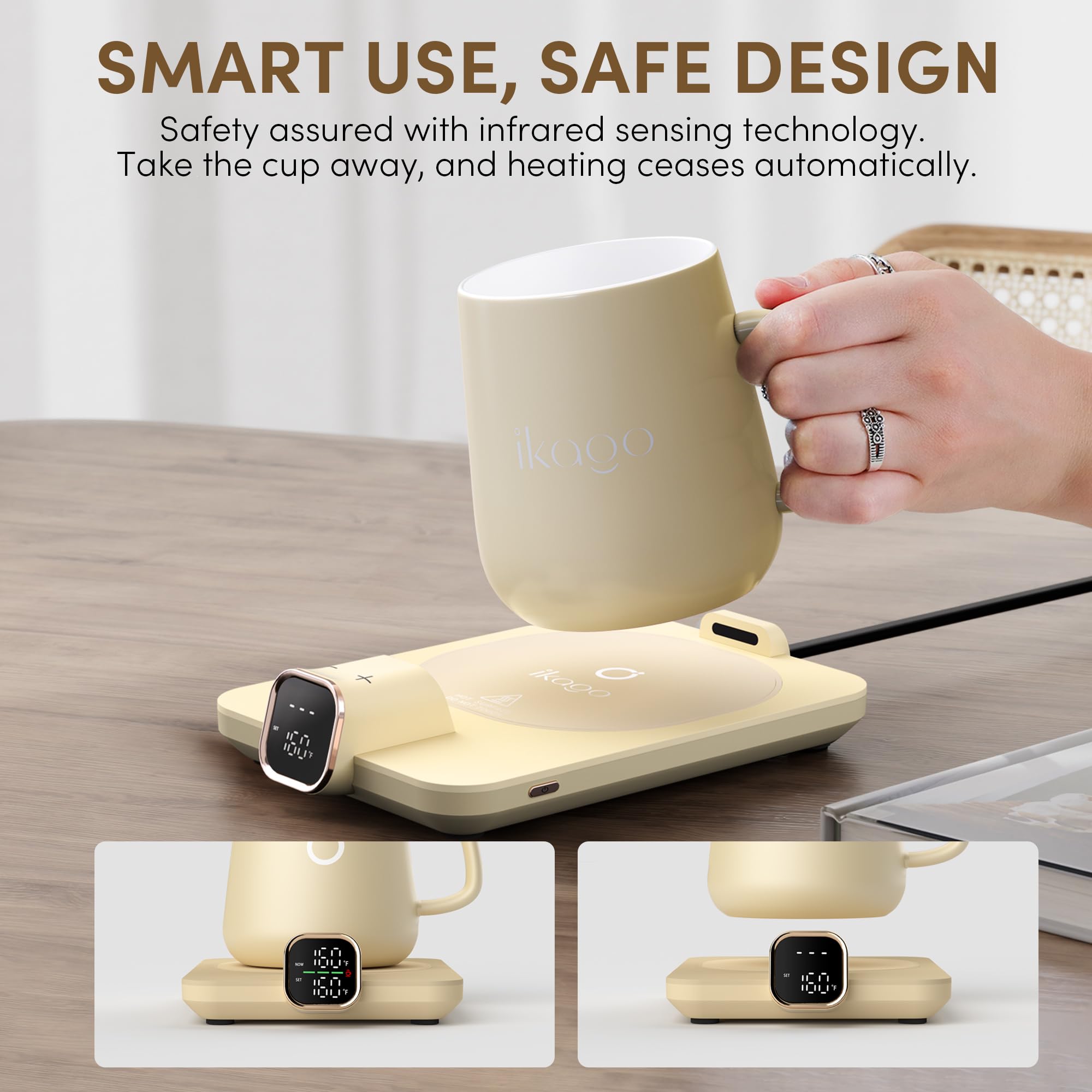 Coffee Cup Warmer & iKago Mug Set, 1℉ Precise Temp Control Mug Warmer | Auto Shut Off, Infrared Sensor, Dual Temp Display, ℉/℃ Optional, 15oz Mug with Spoon & Lid Included, Gifts for Men Women
