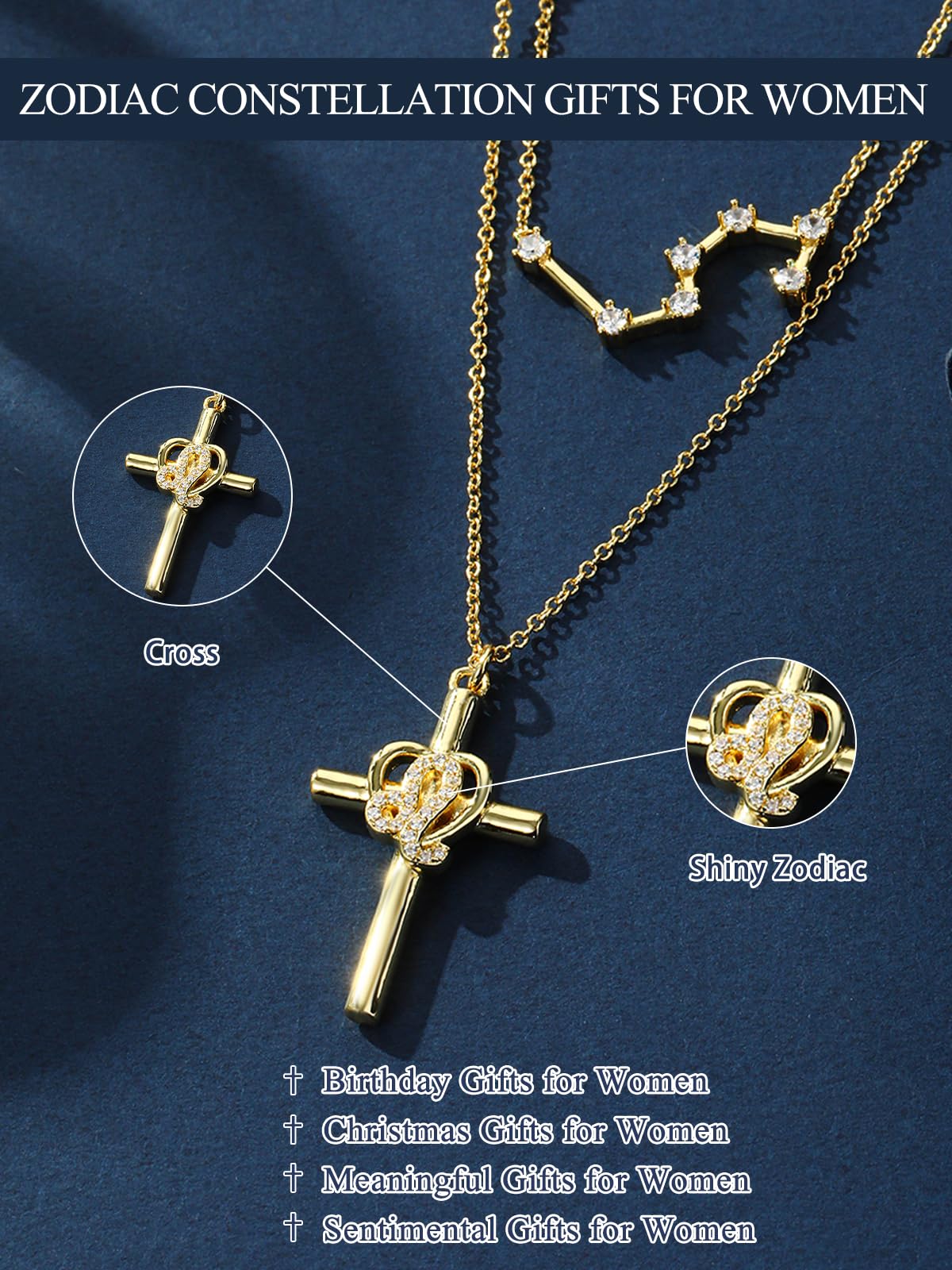 14K Gold Zodiac Cross Layered Necklace for Women - Horoscope Constellation Pendant with Cross,Luxury Anniversary Birthday Mothers Day Gifts Jewelry (12 Zodiac Signs)