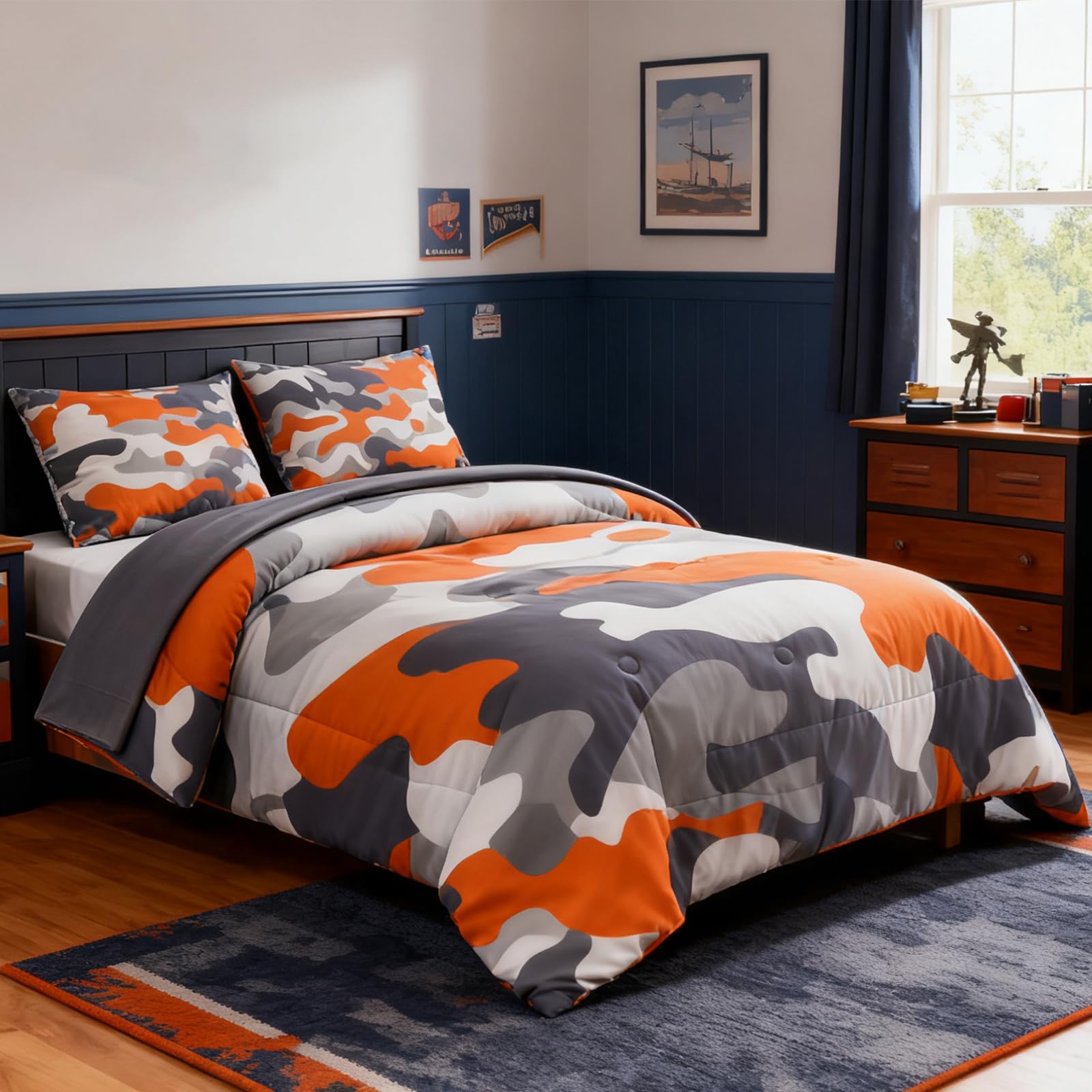 Holawakaka Twin Size Camouflage Bedding Comforter Set with Sheets, Boys Girls Men Camo Bed in A Bag 5 Pieces,Kids Teens Dorm Bed Sets Neutral Farmhouse Lodge Cabin Army Bedspread (Red, Twin)