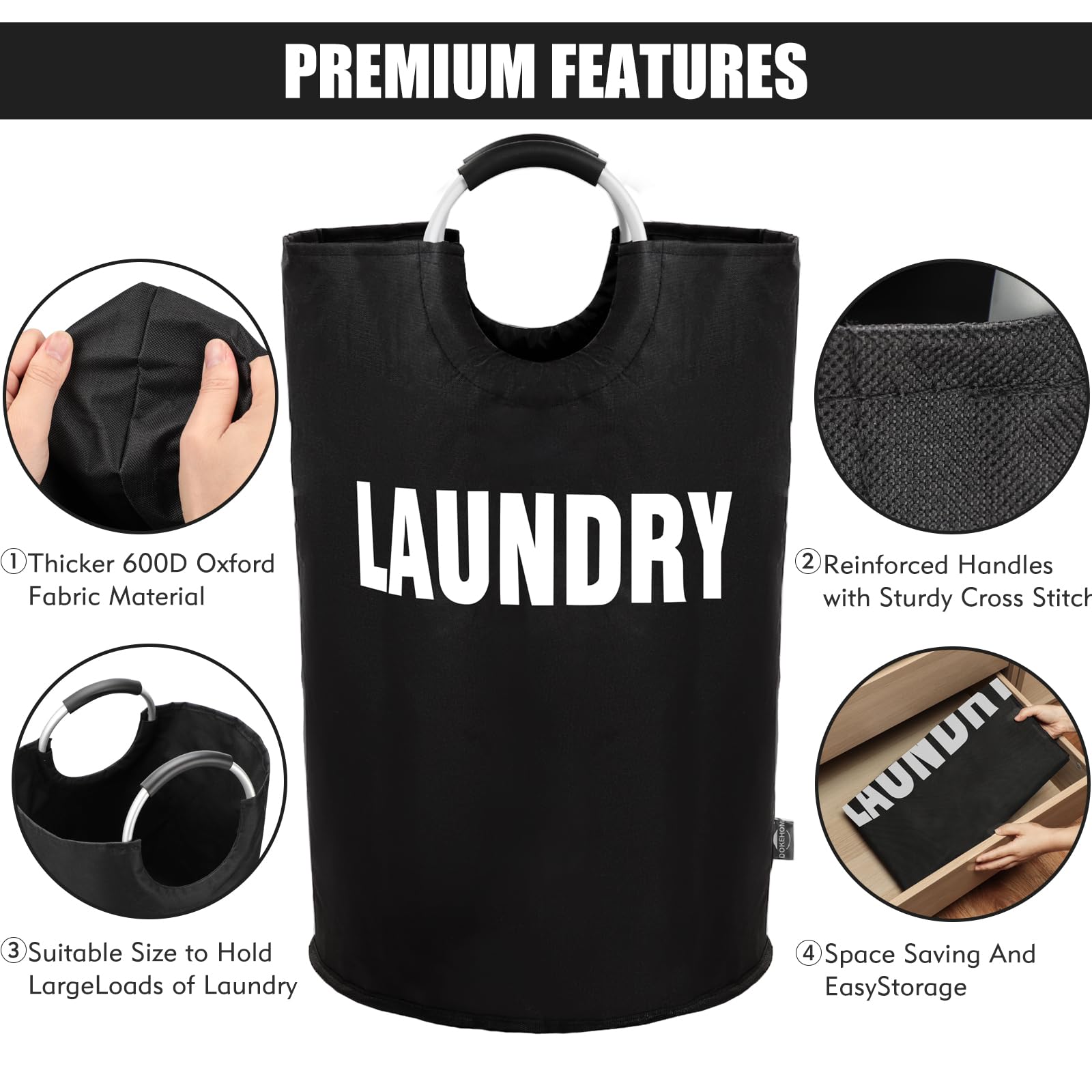 DOKEHOM 90L Large Laundry Basket, Collapsible Laundry Bag, Black | Freestanding tall clothes hamper & foldable washing bin. High-capacity clothes storage basket with durable sturdy handles