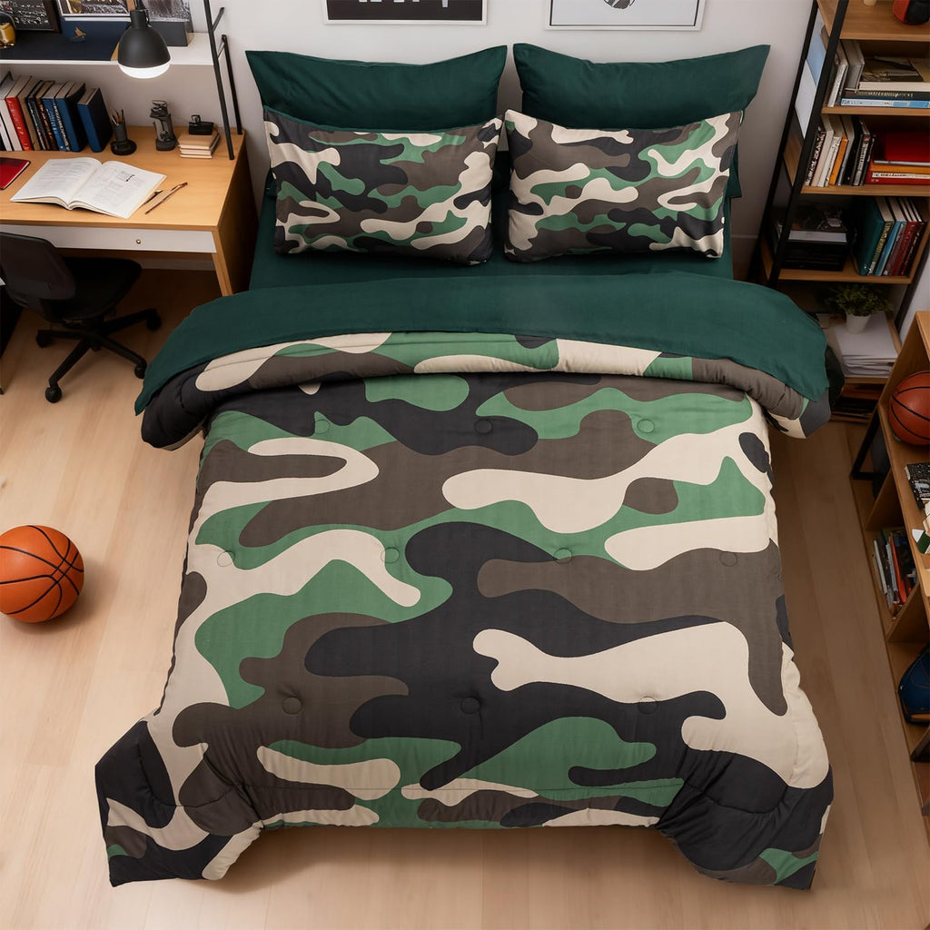 Holawakaka Twin Size Camouflage Bedding Comforter Set with Sheets, Boys Girls Men Camo Bed in A Bag 5 Pieces,Kids Teens Dorm Bed Sets Neutral Farmhouse Lodge Cabin Army Bedspread (Red, Twin)