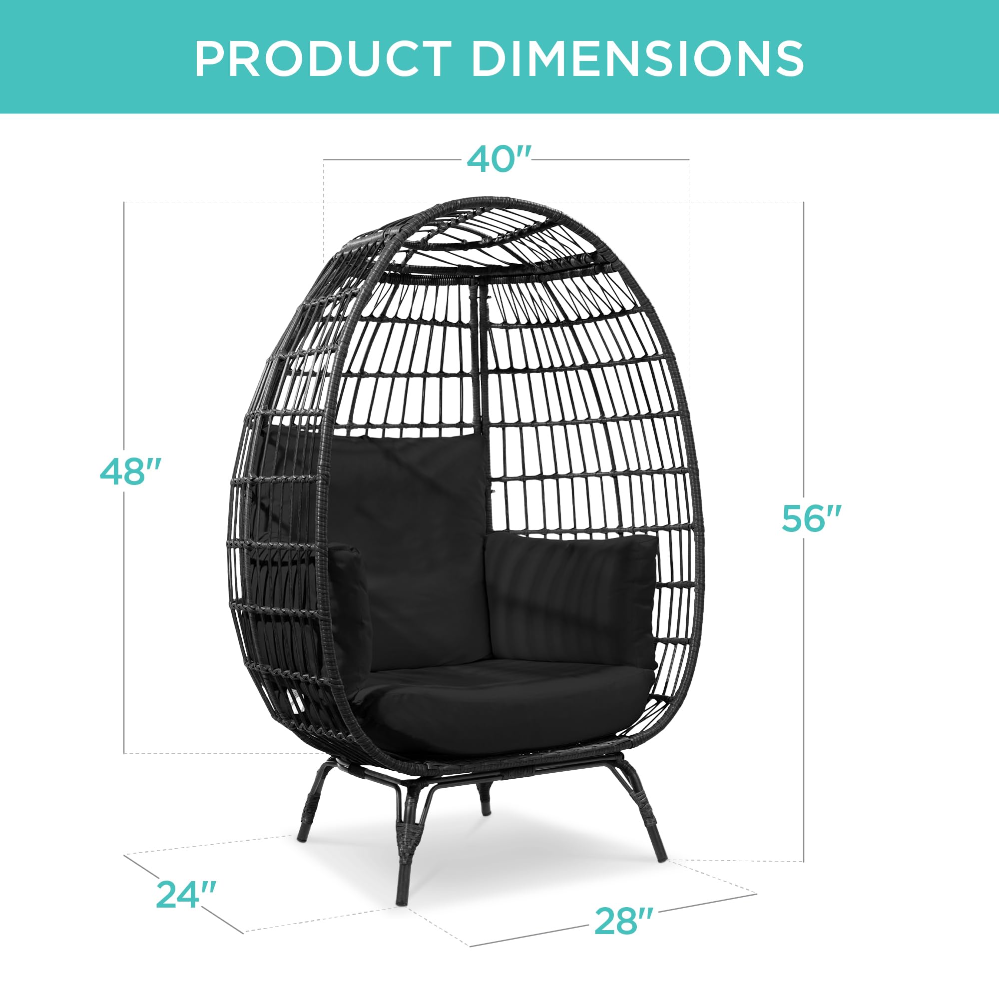 Best Choice Products Wicker Egg Chair, Oversized Indoor Outdoor Lounger for Patio, Backyard, Living Room w/ 4 Cushions, Steel Frame, 440lb Capacity - Black