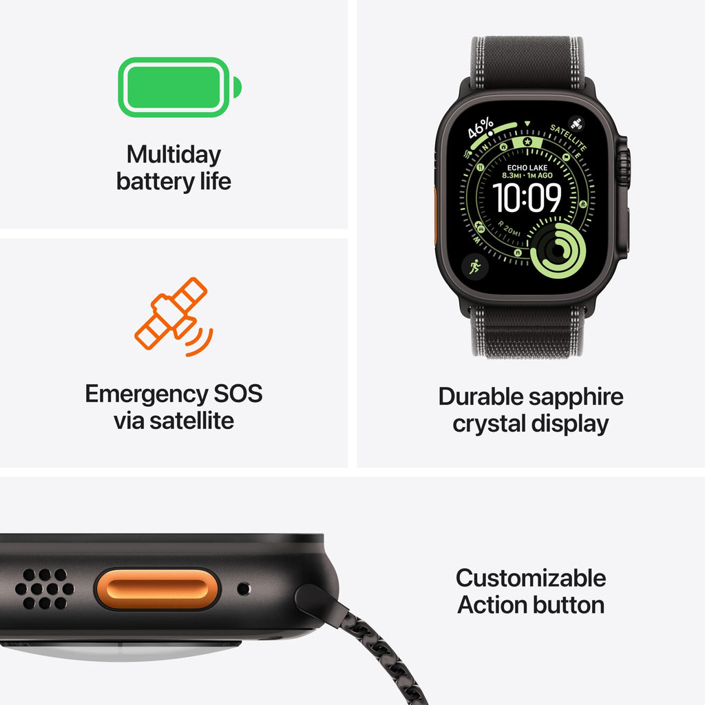 Apple Watch Ultra 3 [GPS + Cellular 49mm] Running & Multisport Smartwatch w/Rugged Titanium Case w/Black/Charcoal Trail Loop - S/M. Satellite Communications, Advanced Health & Fitness Tracking
