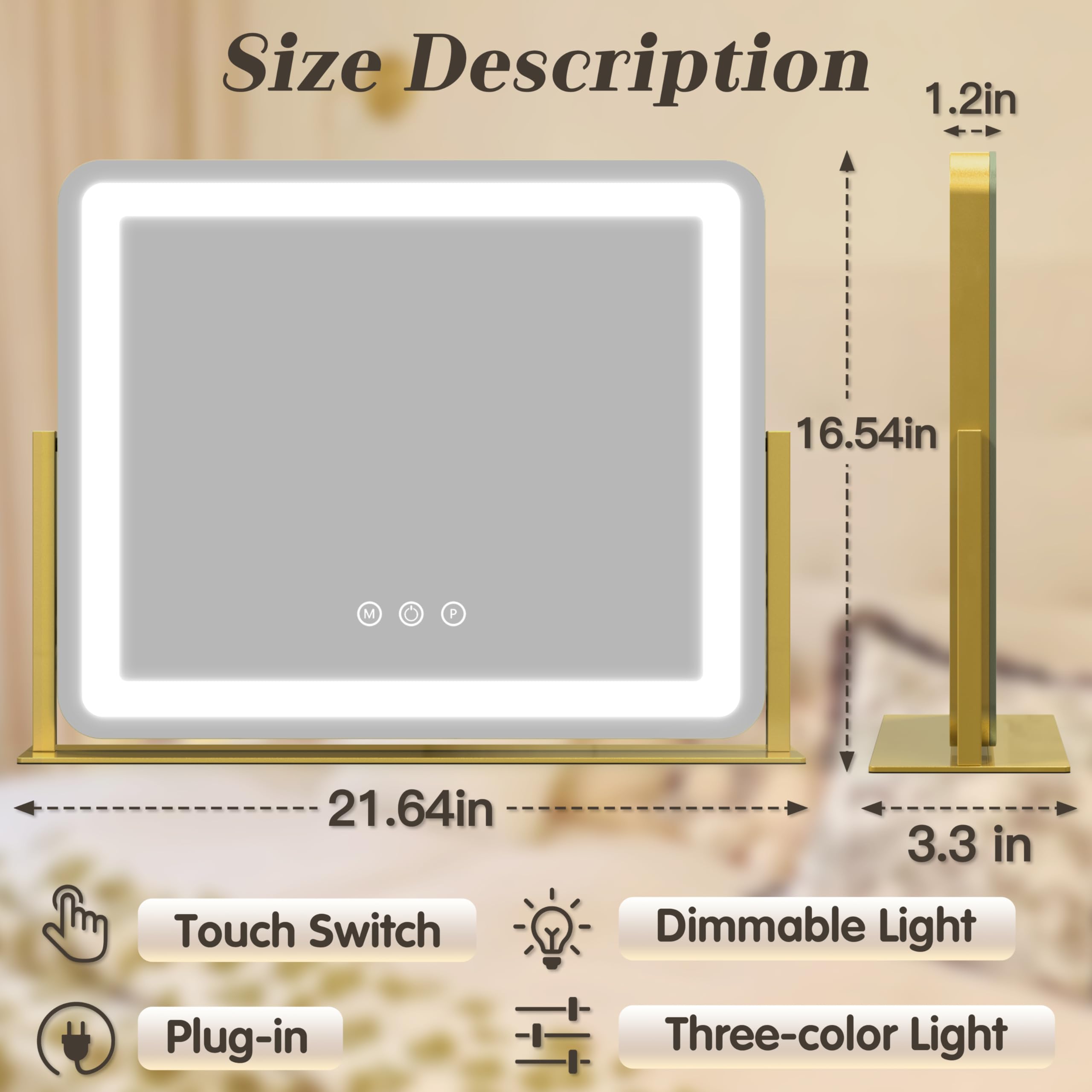 ROLOVE Vanity Mirror with Lights, 12.6"x15" LED Makeup Mirror with Lights, Smart Touch Control 3 Color Dimmable, Lighted Desk Mirror for Bedroom, Light Up Mirror