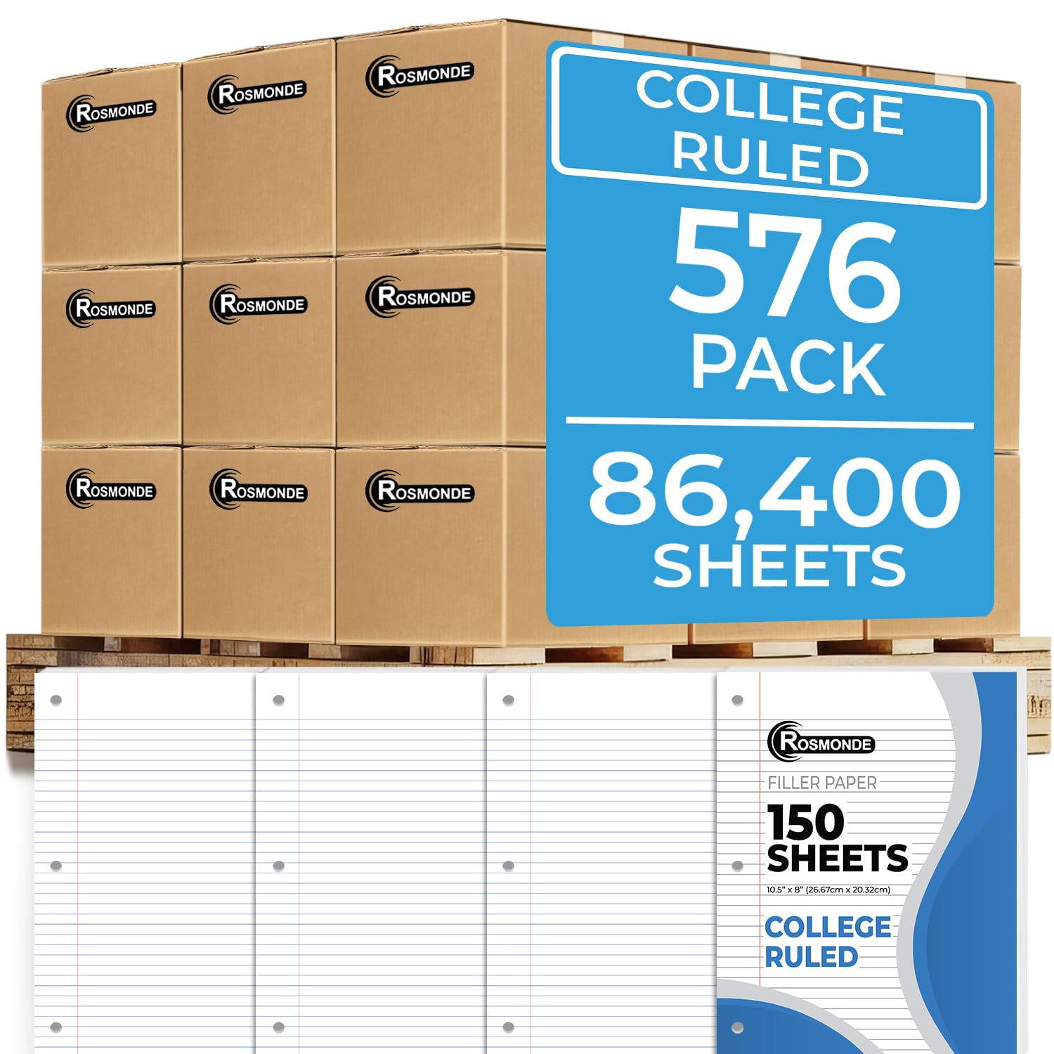 Rosmonde Loose Leaf Paper, 450 Sheets, 3 Pack, College Ruled Paper, 8" x 10.5", Bulk Office Filler Paper, 3 Hole Punched, 150 Sheets/Pack, 56 gsm Paper, College Ruled Notebook Paper for Binder, White | Bulk Office Filler Paper, 8" x 10.5", 3 Hole Punched,