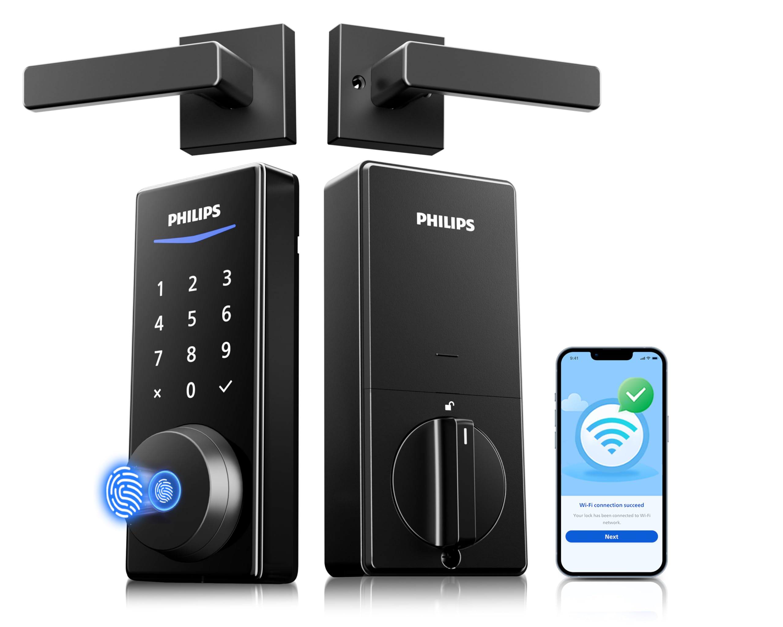 Philips Smart Lock with Handles, Keyless Entry Door Lock Set, Keypad Door Lock with 2 Level Handles, Digital Keypad Deadbolt for Front Door, App Fingerprint PIN Code Unlocking, Auto Locking