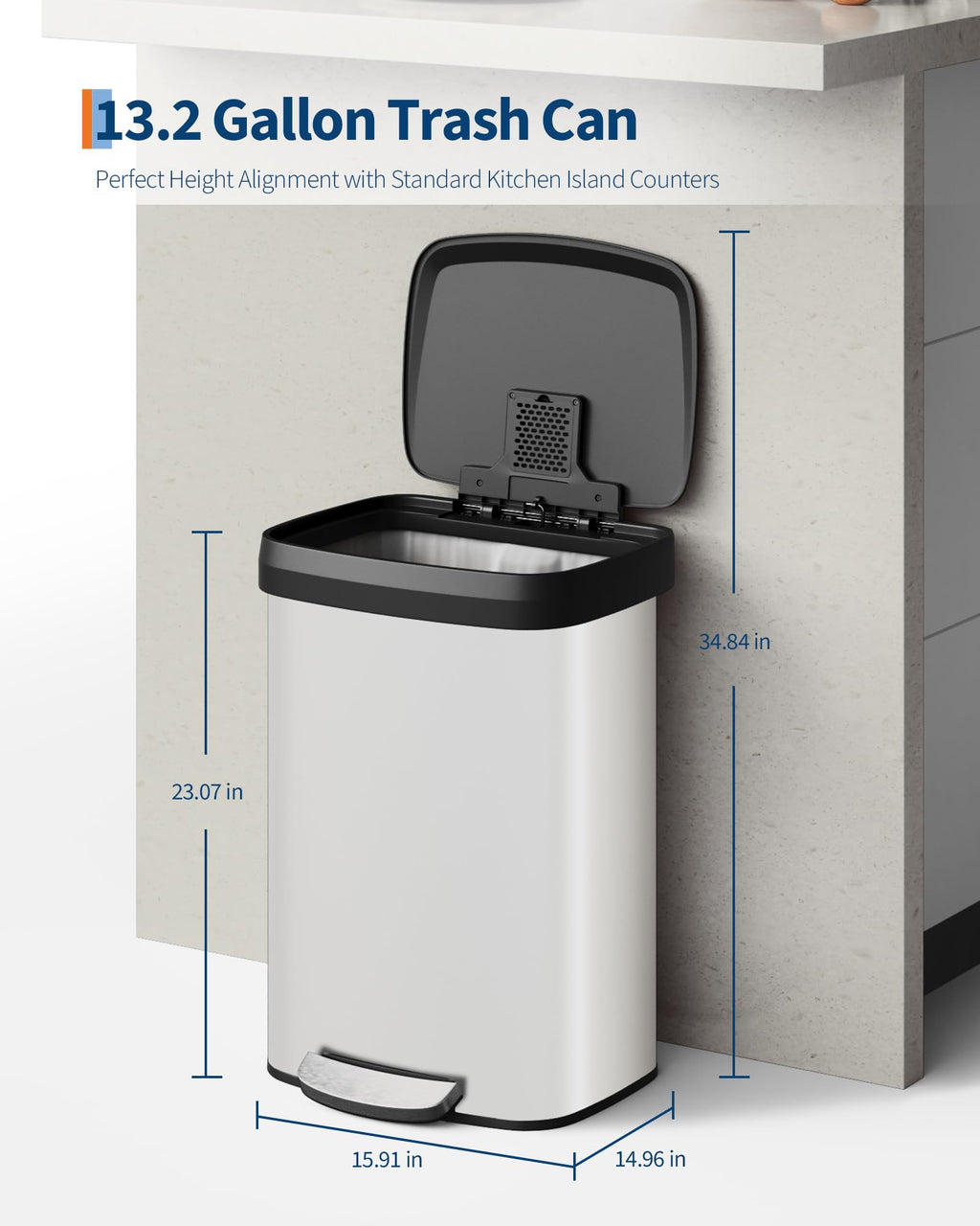 Garvee 13 gal / 50 L Stainless Steel Trash Can with Lid, Large Garbage Can for Kitchen, Rustproof Step-on Kitchen Metal Trash Bin with Liner Rim, Rear Handle, Soft Close Plastic Lid, Silver