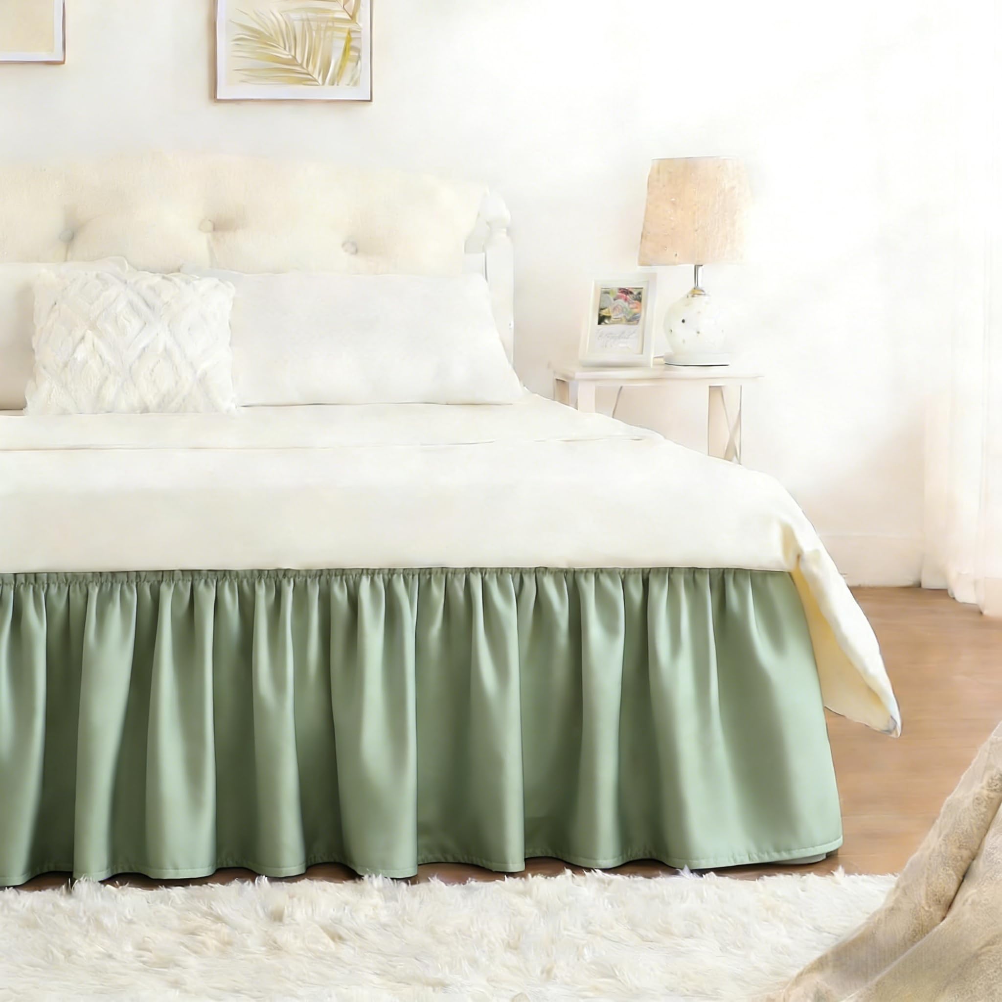 RIMELA Dorm Bed Skirt Twin XL 32 Inch Drop, Easy to Install Extra Long Wrap Around Elastic Dust Ruffle, White Bedskirt Solid Silky Fabric Machine Washable, Bedroom Decor