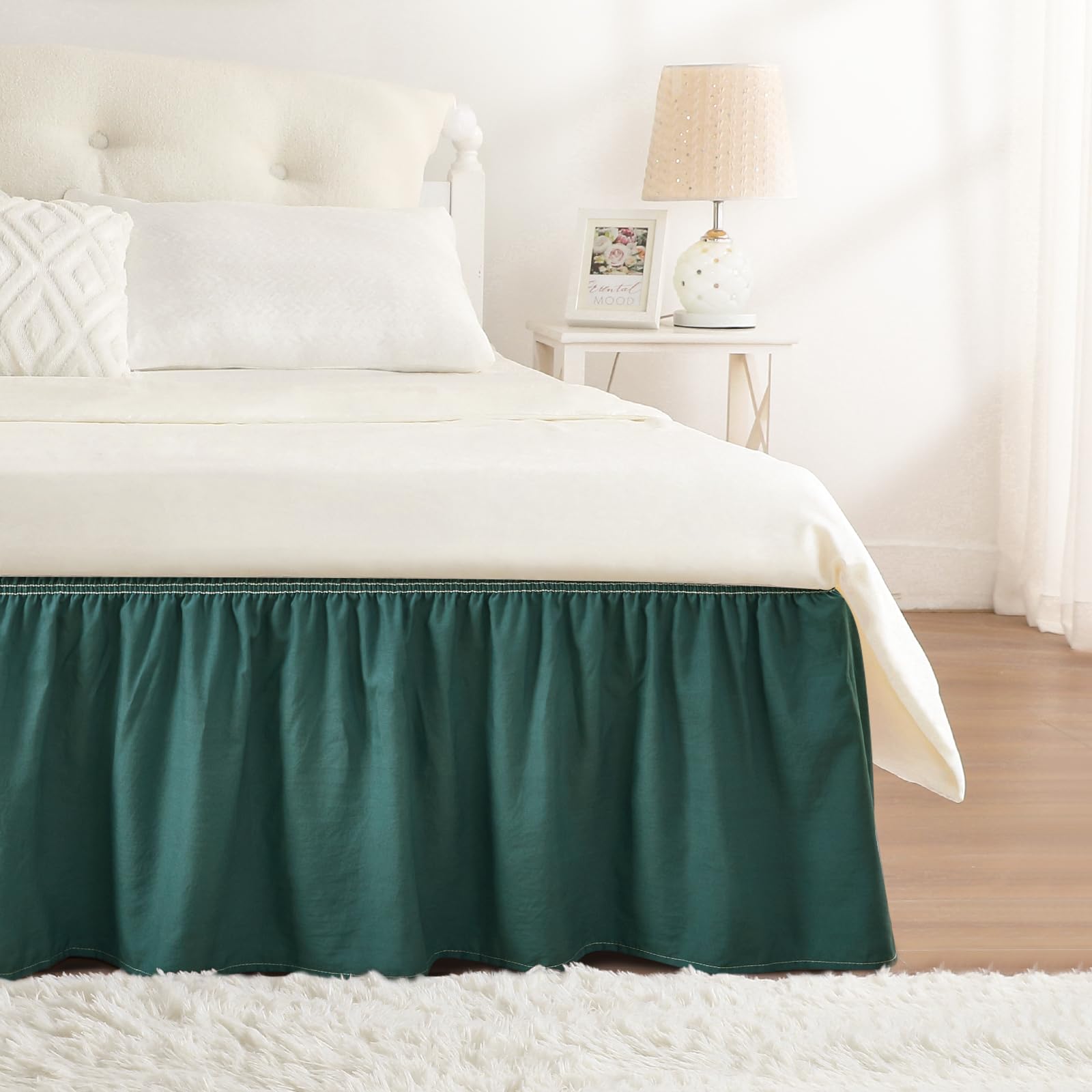 RIMELA Dorm Bed Skirt Twin XL 32 Inch Drop, Easy to Install Extra Long Wrap Around Elastic Dust Ruffle, White Bedskirt Solid Silky Fabric Machine Washable, Bedroom Decor