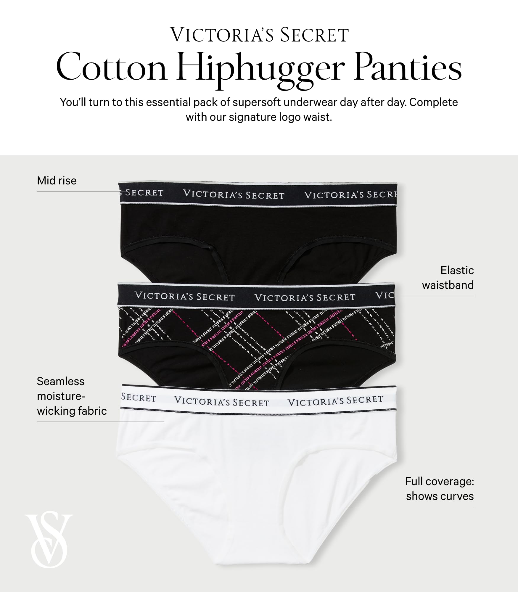 Victoria's Secret Women's Cotton Logo Hipster Underwear, Moderate Coverage Panties for Women, Multi Pack (XS-XXL)