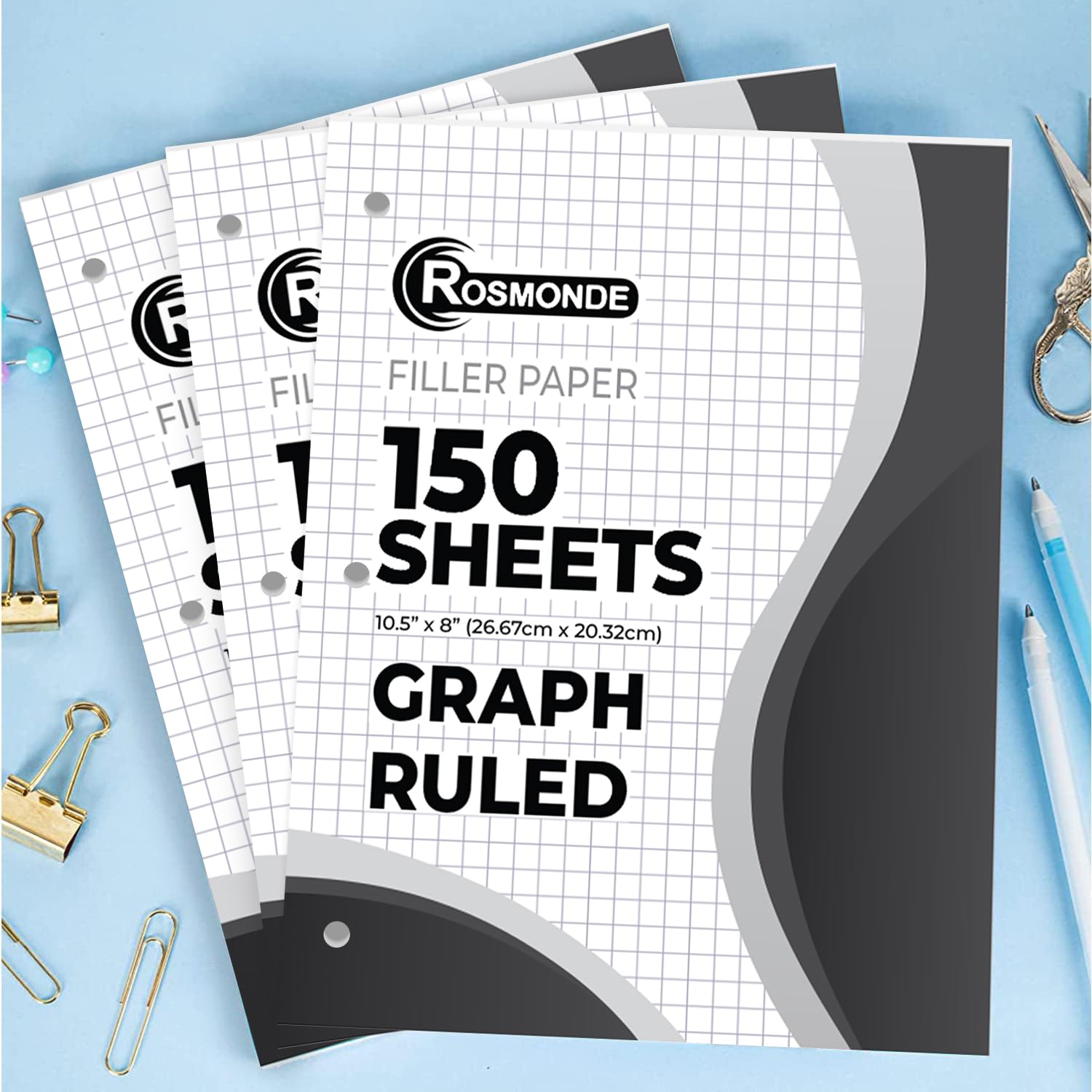 Rosmonde Loose Leaf Paper, 450 Sheets, 3 Pack, College Ruled Paper, 8" x 10.5", Bulk Office Filler Paper, 3 Hole Punched, 150 Sheets/Pack, 56 gsm Paper, College Ruled Notebook Paper for Binder, White | Bulk Office Filler Paper, 8" x 10.5", 3 Hole Punched,