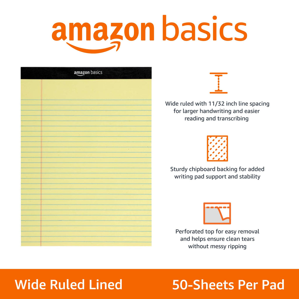 Amazon Basics Narrow Ruled Writing Pads, Perforated, 5" x 8", Multicolor, 6-Pack of 50 Sheets