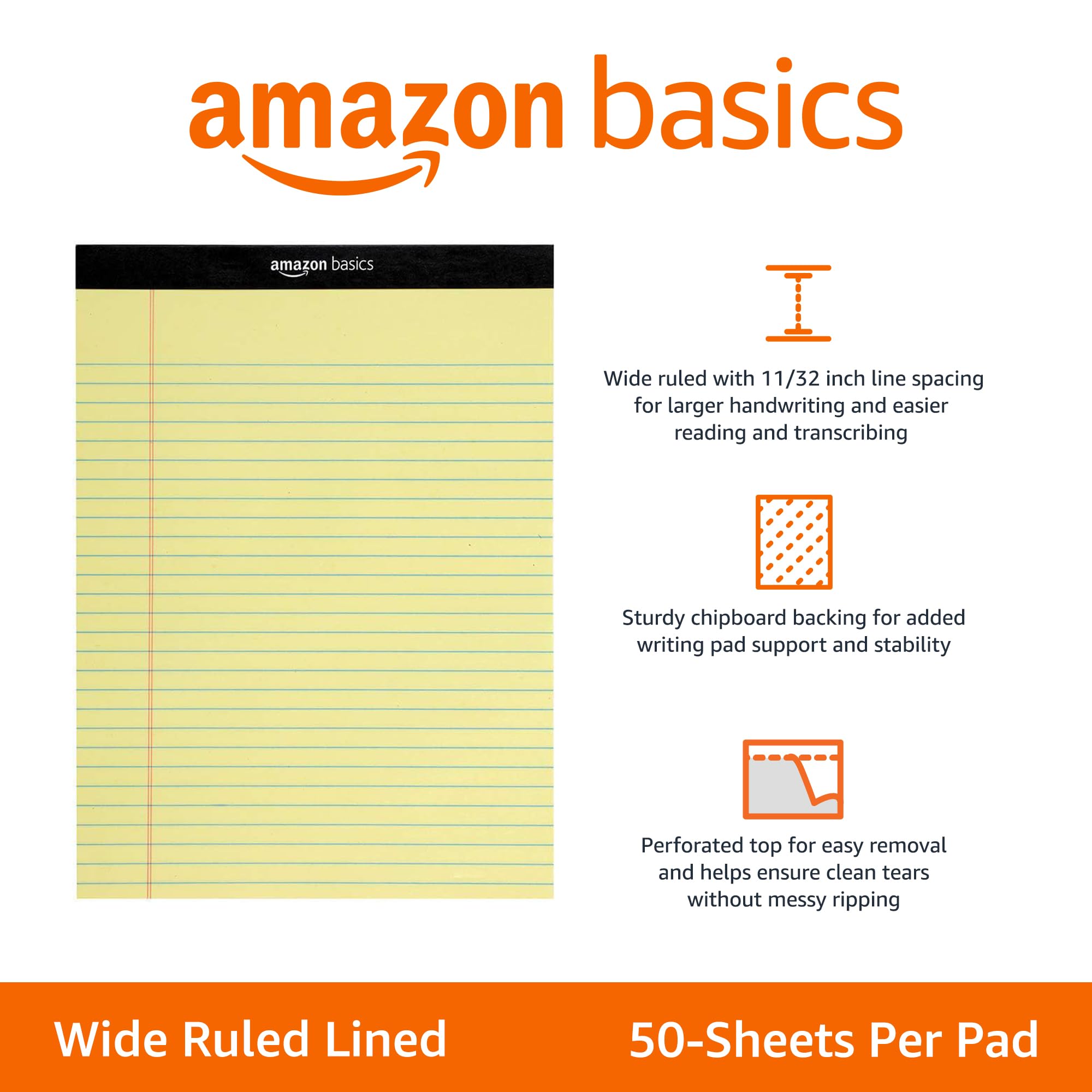 Amazon Basics Narrow Ruled Writing Pads, Perforated, 5" x 8", Multicolor, 6-Pack of 50 Sheets