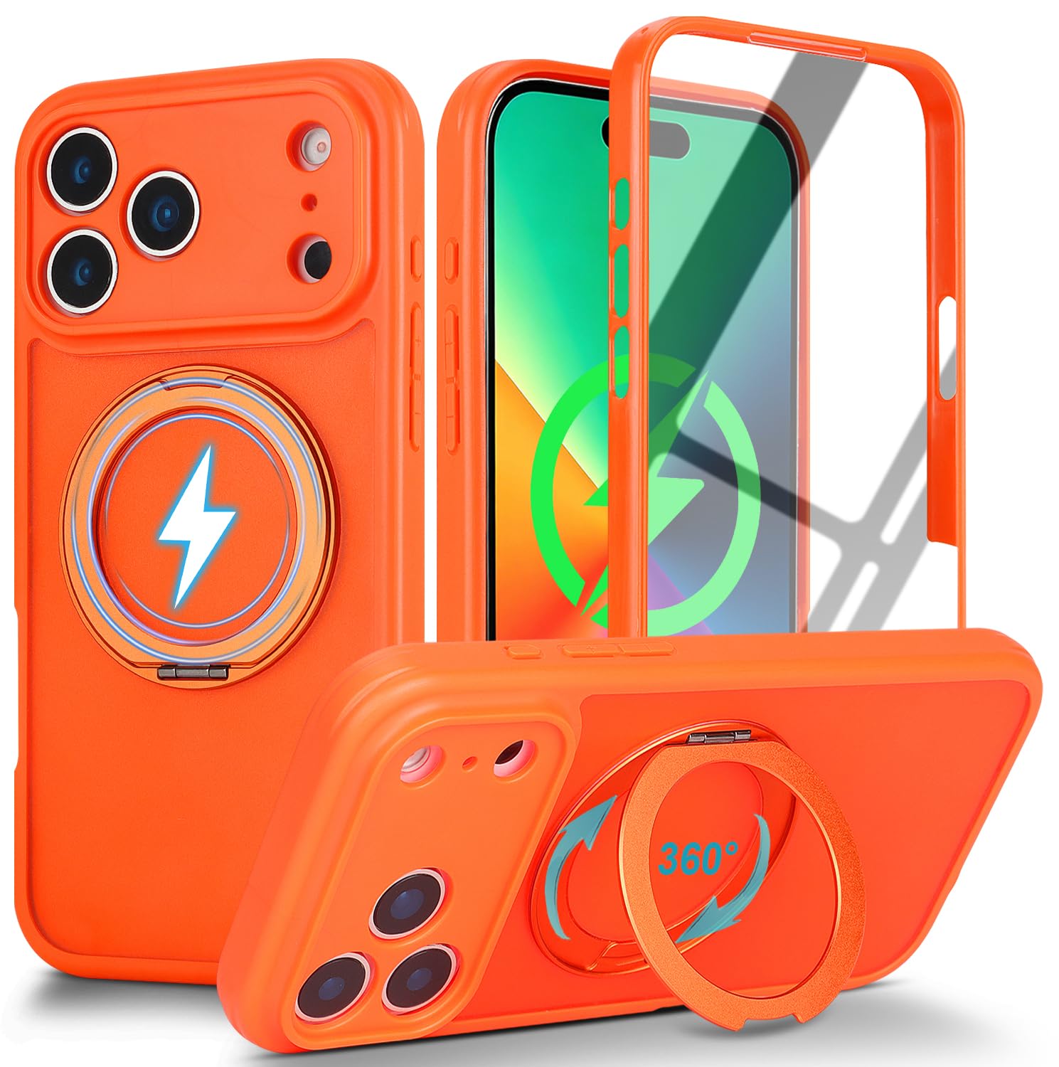 for iPhone 17 Pro Max Case Compatible with MagSafe Full-Body Magnetic Phone Case with Built-in Tempered Glass Screen Protector& Stand for iPhone17 Pro Max Cover, Orange