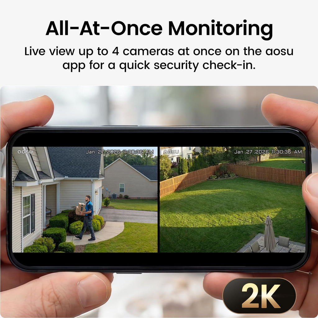 aosu Solar Security Cameras Wireless Outdoor, 2K HD Home Security Camera System, PIR + AI Human Detection, Color Night Vision, Easy to Set Up, Local Storage, No Subscription Required, 4-Cam Kit