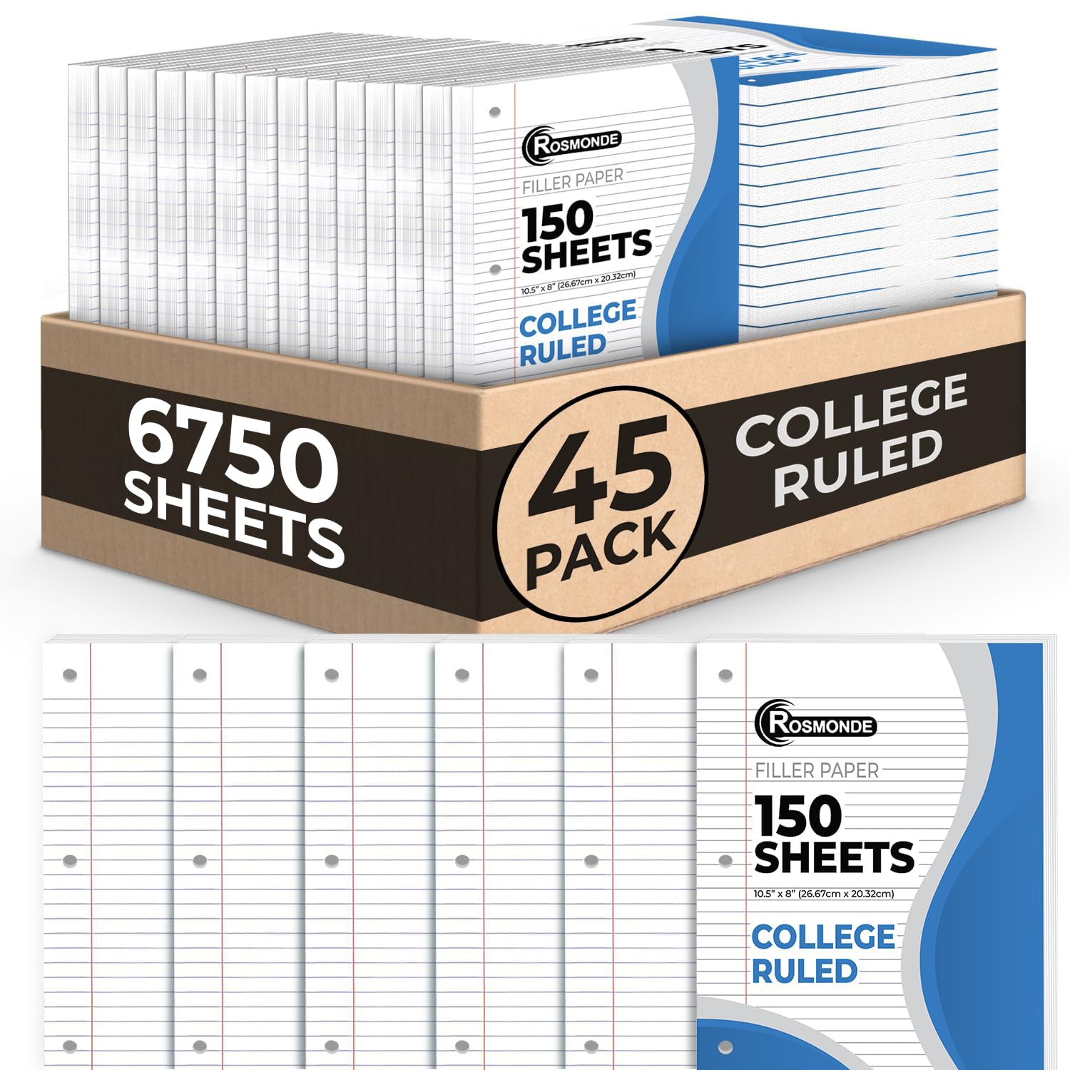 Rosmonde Loose Leaf Paper, 450 Sheets, 3 Pack, College Ruled Paper, 8" x 10.5", Bulk Office Filler Paper, 3 Hole Punched, 150 Sheets/Pack, 56 gsm Paper, College Ruled Notebook Paper for Binder, White | Bulk Office Filler Paper, 8" x 10.5", 3 Hole Punched,
