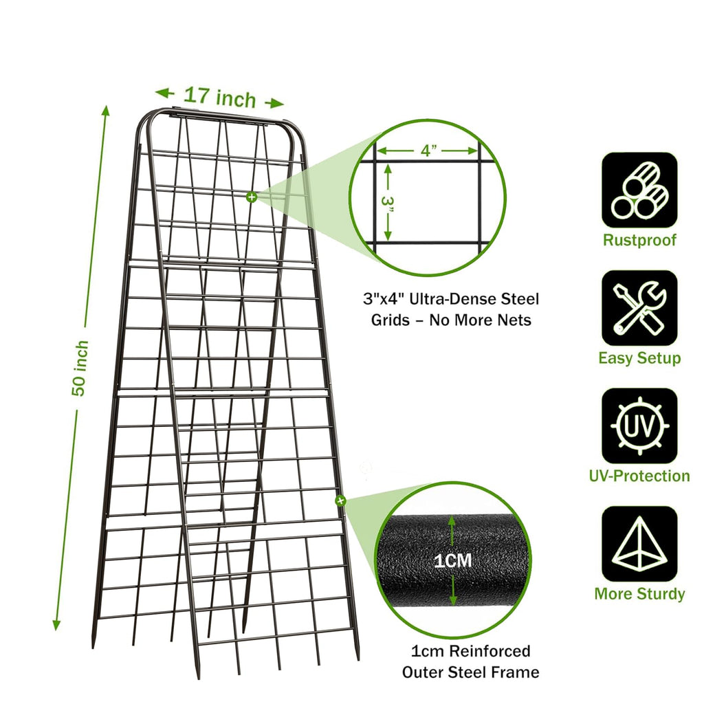 Heavy Duty 50"x17" Adjustable A-Frame Trellis for Climbing Plants – Rust-Proof Metal Garden Trellis with Dense Grid Design, Perfect for Raised Beds, Tomatoes, Cucumbers & Outdoor Vines (Black, 2 Pcs)