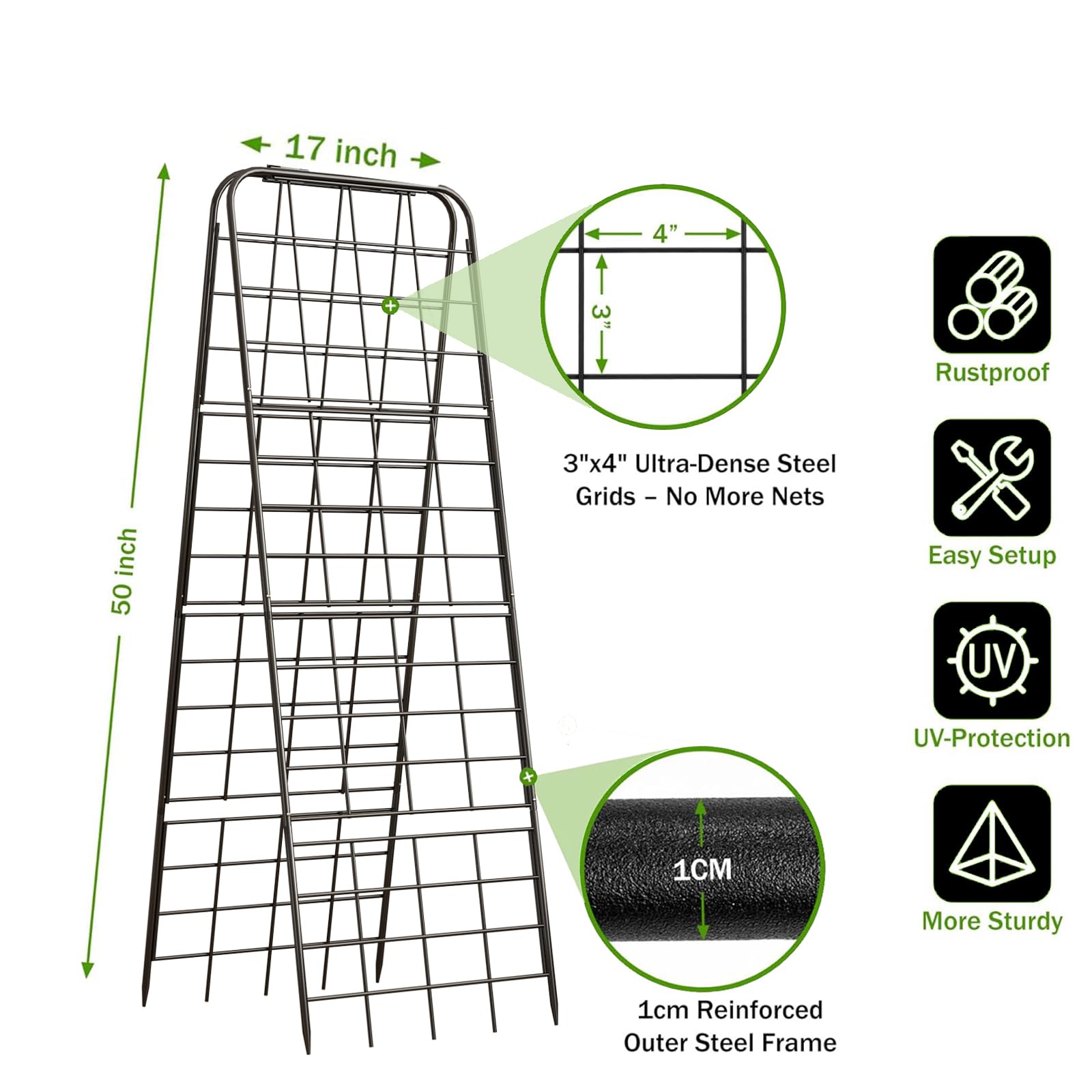 Heavy Duty 50"x17" Adjustable A-Frame Trellis for Climbing Plants – Rust-Proof Metal Garden Trellis with Dense Grid Design, Perfect for Raised Beds, Tomatoes, Cucumbers & Outdoor Vines (Black, 2 Pcs)