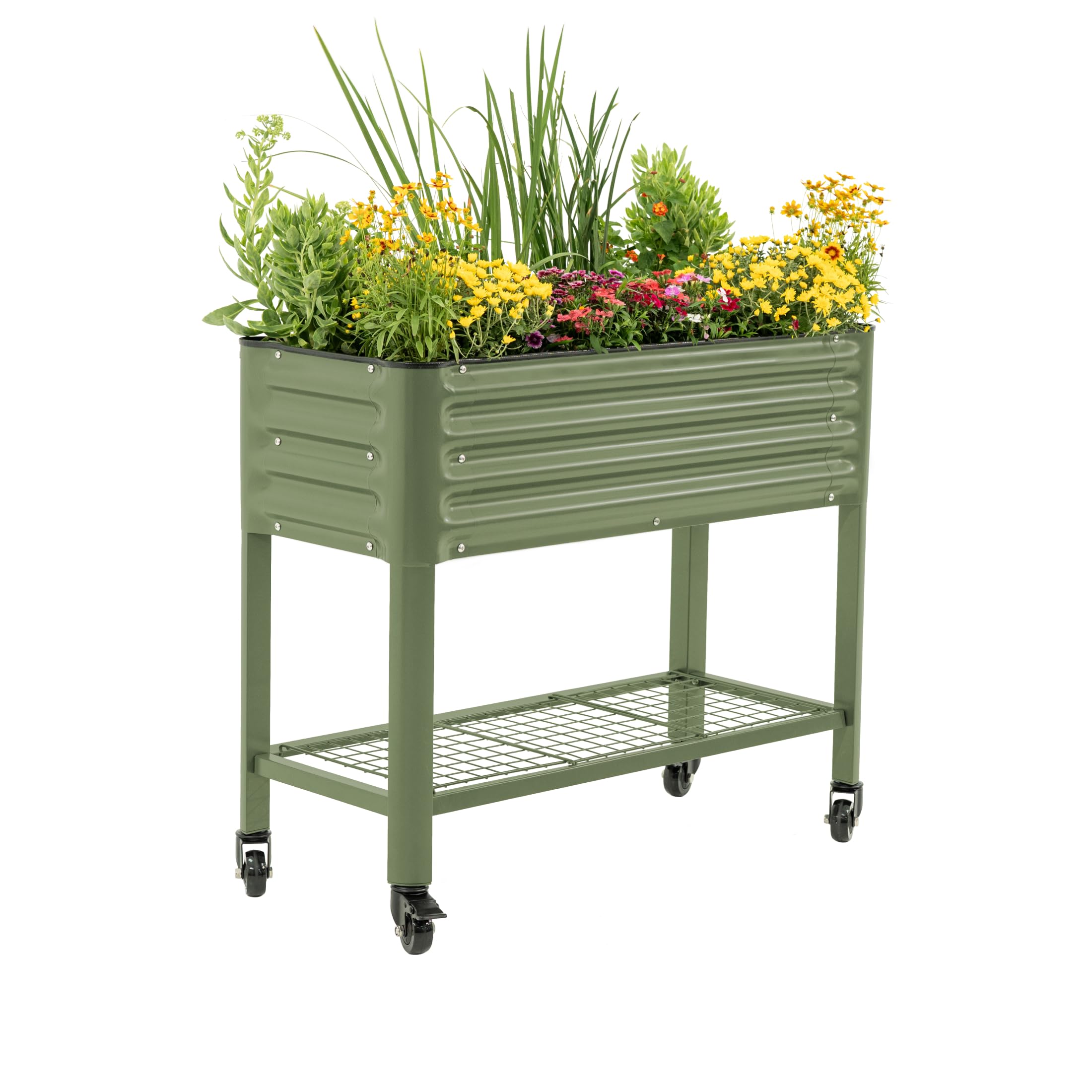 Rolling Elevated Raised Garden Bed, 2' x 4' Outdoor Planters Boxes with Legs & Storage Rack for Patio, 700 Lbs Weight Capacity, Raised Beds for Gardening Herbs Flowers, Pearl White