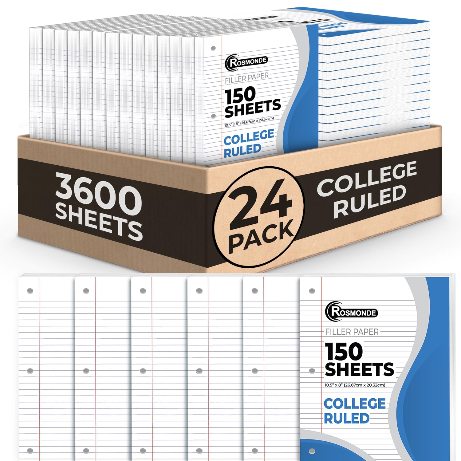 Rosmonde Loose Leaf Paper, 450 Sheets, 3 Pack, College Ruled Paper, 8" x 10.5", Bulk Office Filler Paper, 3 Hole Punched, 150 Sheets/Pack, 56 gsm Paper, College Ruled Notebook Paper for Binder, White | Bulk Office Filler Paper, 8" x 10.5", 3 Hole Punched,