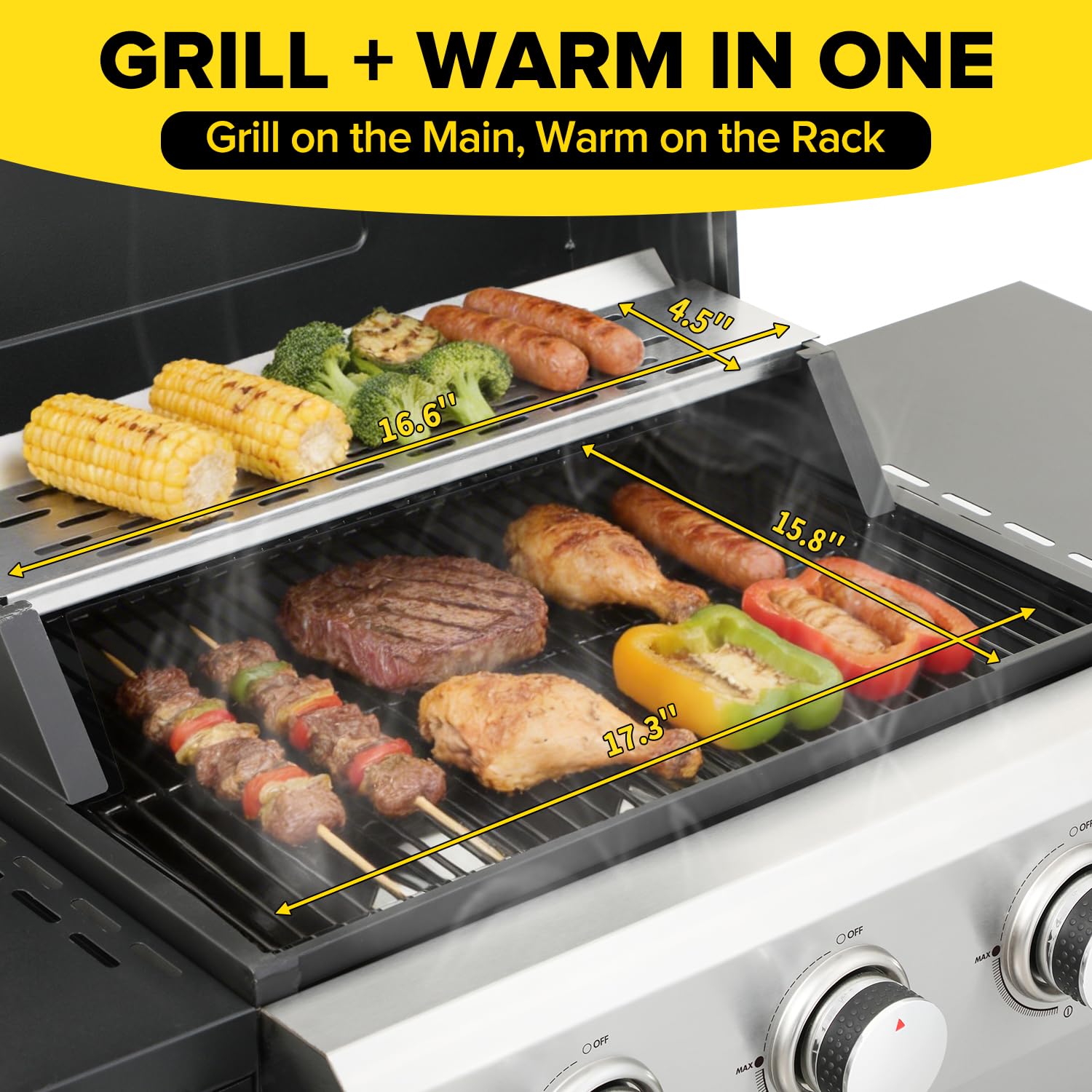 4 Burner Gas Grill with Foldable Shelves, 40,000 BTU Stainless Steel Propane BBQ Grill, 387 Sq. In. Cooking Space, Portable Outdoor Grill for Patio, Backyard, Camping & Tailgating