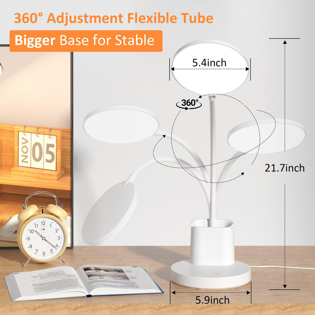 LED Desk Lamp with Wireless Charger for Home Office, Black | 3 Color Modes Dimmable Eye-Caring Study Desk Light for College Dorm Room, 360° Flexible Arm, Built-in Pen Holder, 800 Lumen