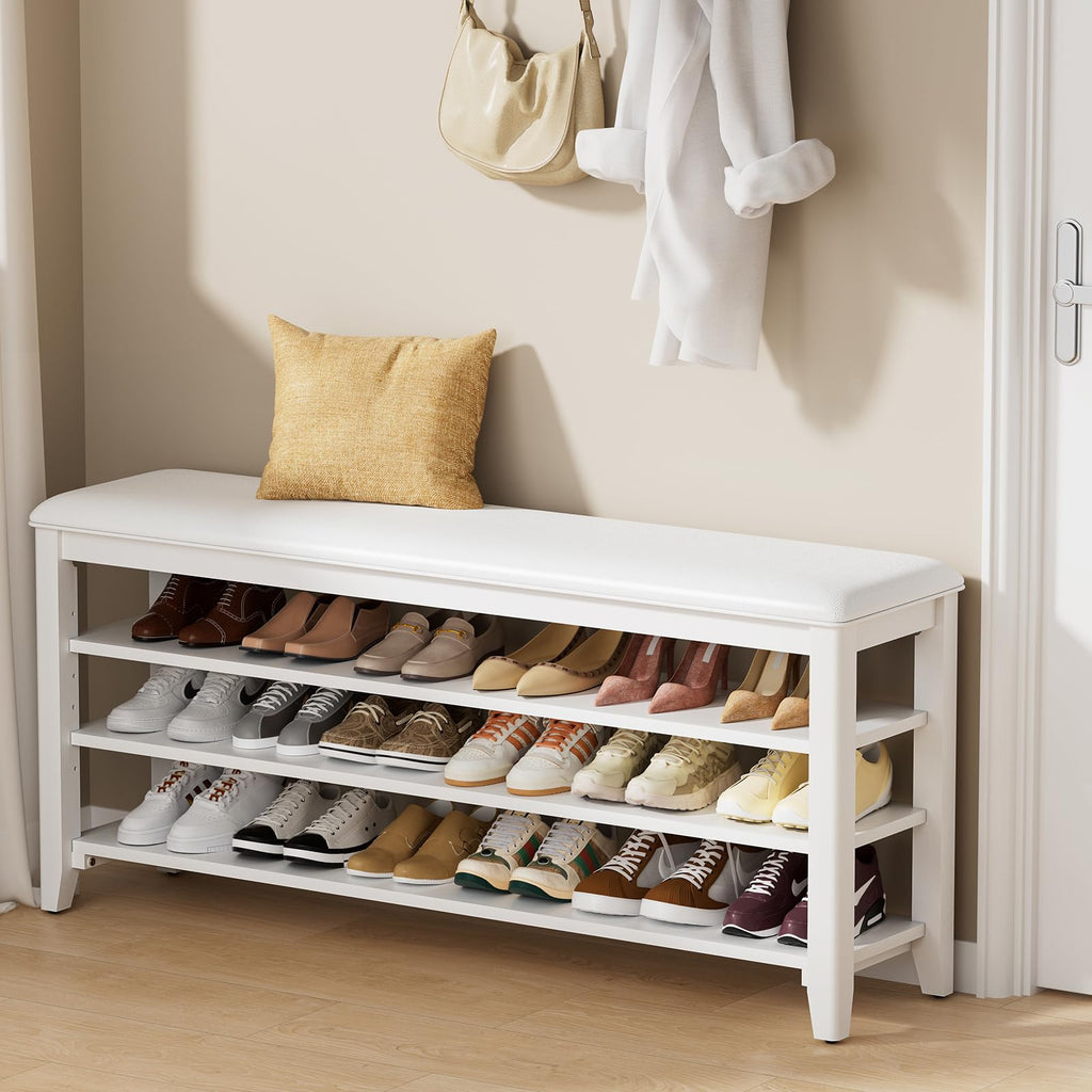 Taitiy Shoe Bench Storage Rubberwood with Leather Cushion for Entryway Bench Ideal for Hallways Shoe Rack Front Doors Entrances Mudrooms Featuring 3 Height-Adjustable and Removable Shelves