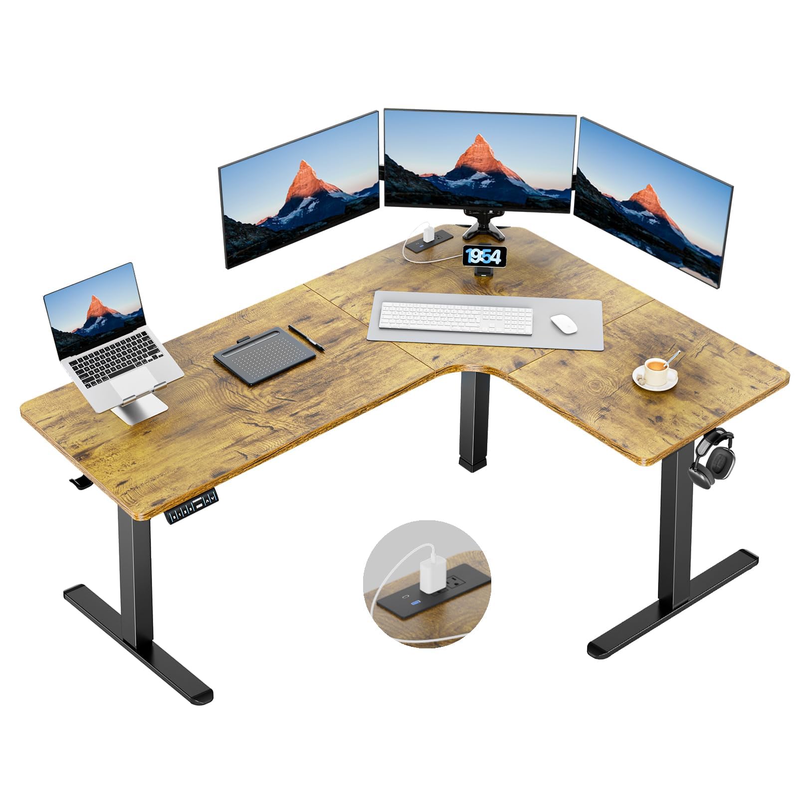 HUANUO 63″ L-Shaped Standing Desk, Built-in Power Outlets, Electric Height Adjustable Corner Computer Desk, Large Power Strip Holder, Sit Stand Up Desk with 3 Preset Heights, Black