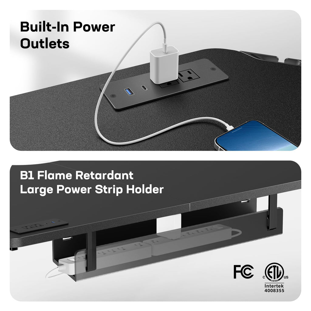 HUANUO 63″ L-Shaped Standing Desk, Built-in Power Outlets, Electric Height Adjustable Corner Computer Desk, Large Power Strip Holder, Sit Stand Up Desk with 3 Preset Heights, Black