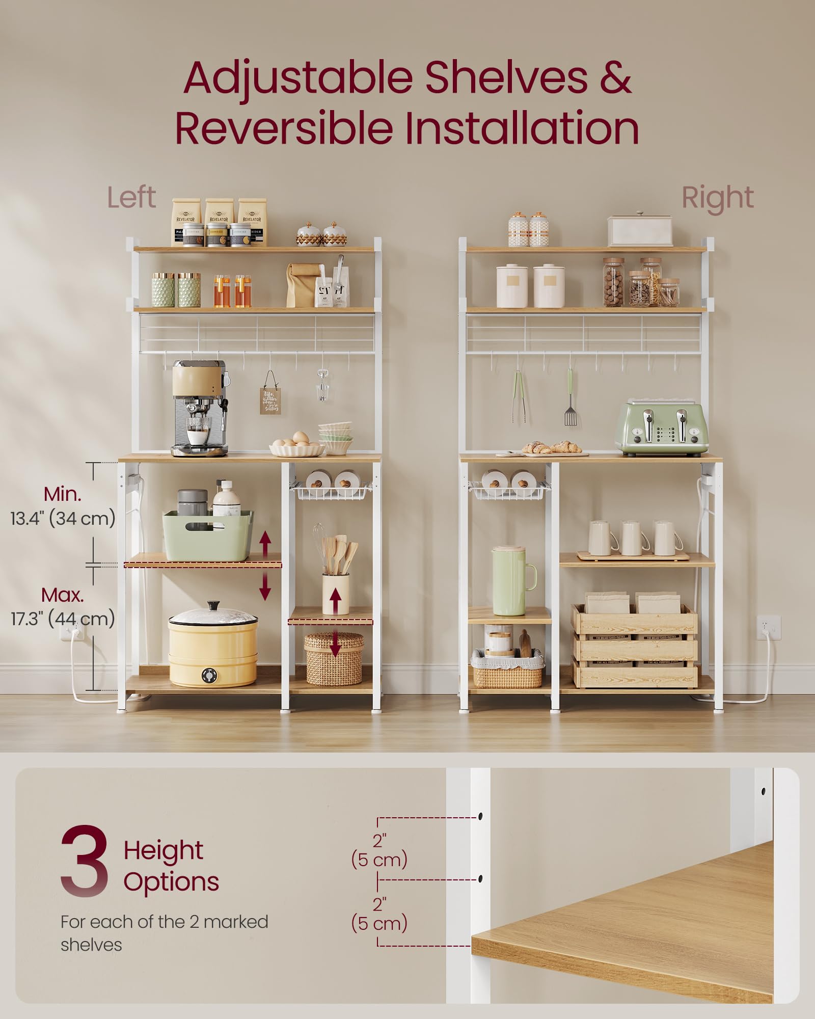 VASAGLE Kitchen Bakers Rack with Power Outlet, Coffee Bar with 35.4-Inch High Worktop, Microwave Stand with 8 Hooks, 15.7 x 31.5 x 66.9 Inches, Golden Oak and Cloud White UKKS059Y01